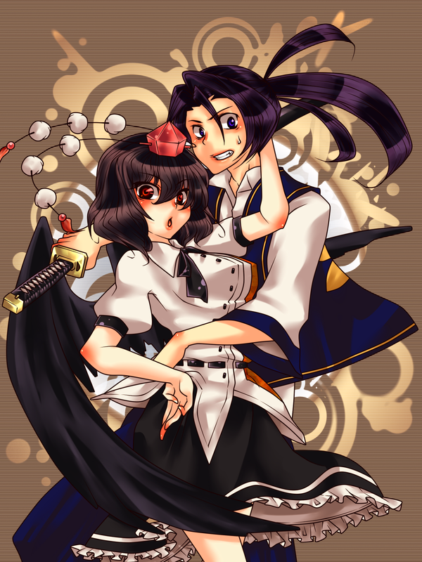 discharge cycle, tobi (discharge cycle), kaede (last blade), shameimaru aya, bakumatsu rouman, m.u.g.e.n, snk, touhou, 1boy, 1girl, brown hair, crossover, hat, hetero, red eyes, short hair, skirt, sword, tokin hat, weapon