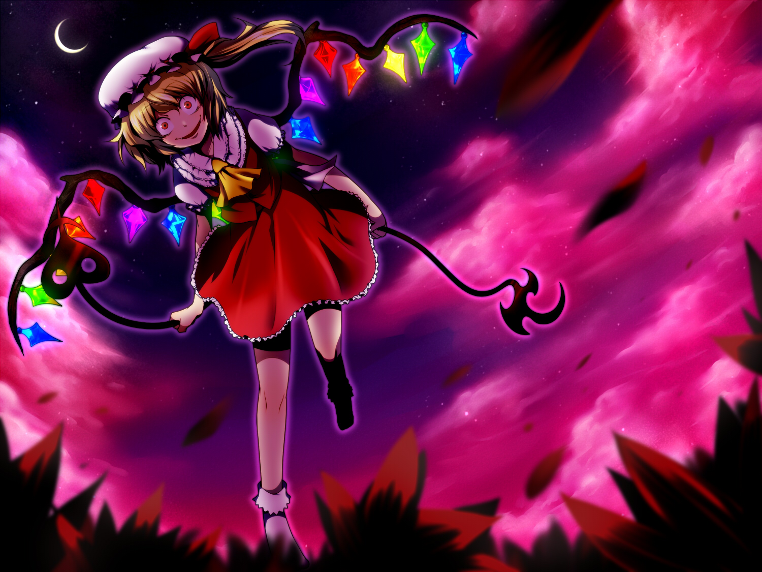 cha kuro (limo), yamikuro, flandre scarlet, embodiment of scarlet devil, touhou, 1girl, blonde hair, cloud, crazy eyes, crazy smile, female focus, from below, grass, hat, laevatein, moon, night, red eyes, ribbon, short hair, side ponytail, sky, smile, solo, wind, wings