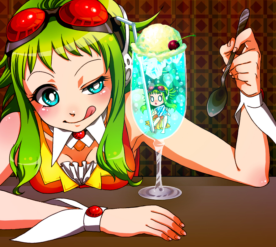 harayan, gumi, vocaloid, 2girls, :q, aqua eyes, cocktail, food, goggles, goggles on head, green hair, ice cream, in food, mini person, minigirl, multiple girls, short hair, smile, spoon, tongue, tongue out