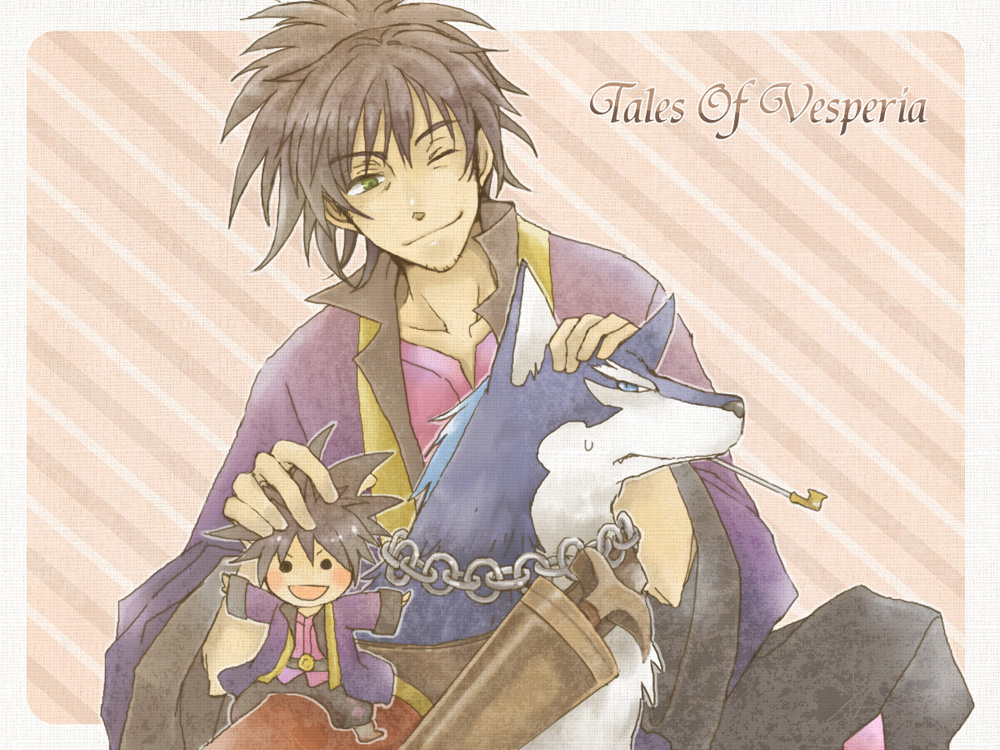 corobun, raven (tales), repede (tales), tales of (series), tales of vesperia, 00s, 1boy, black hair, blue eyes, chain, character doll, copyright name, dog, doll, green eyes, headpat, kiseru, male focus, one eye closed, ponytail, smile, smoking pipe, solo, wink