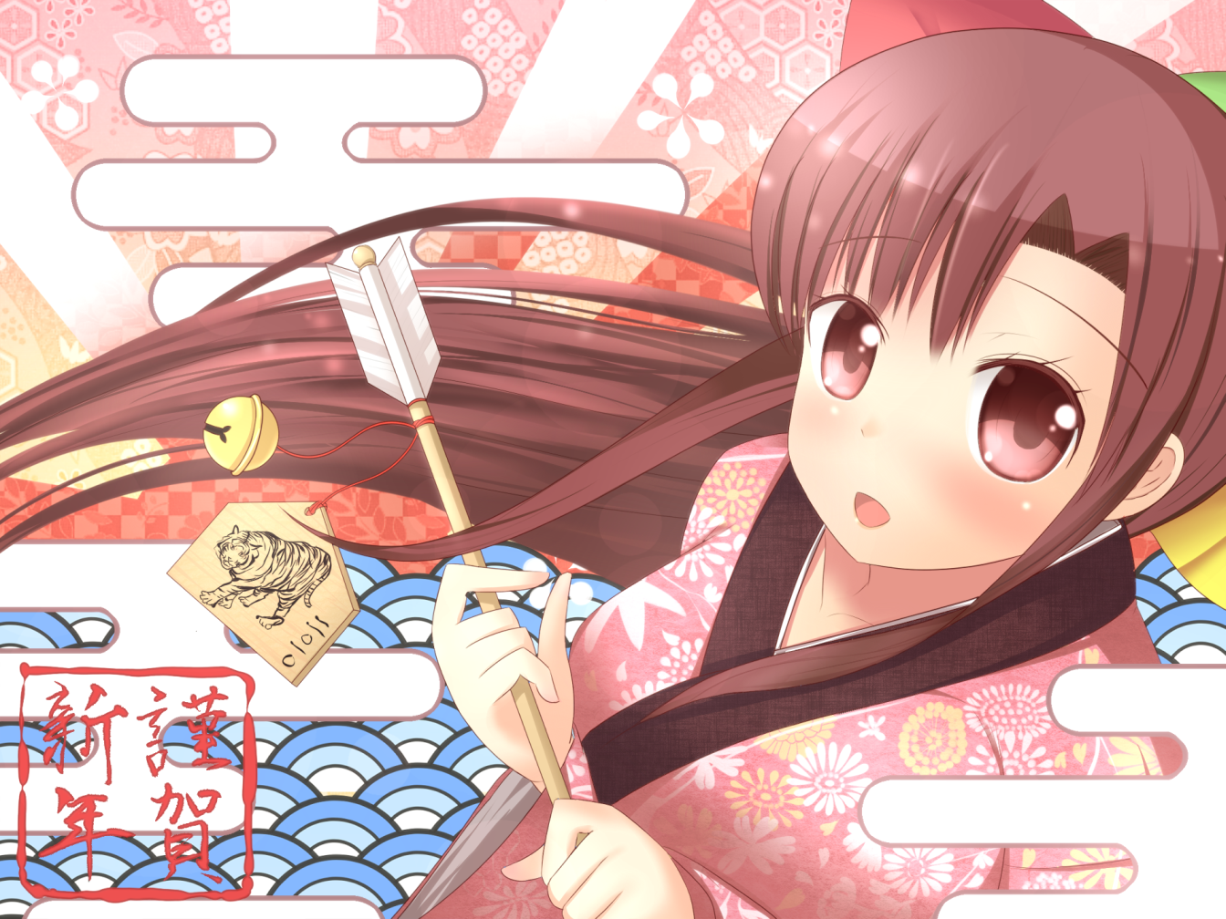 toki (tokinokogiri), tokinokogiri, 95-tan, os-tan, 1girl, arrow (projectile), bell, brown eyes, brown hair, egasumi, female focus, hamaya, japanese clothes, jingle bell, kimono, long hair, new year, ponytail, seigaiha, solo, tiger
