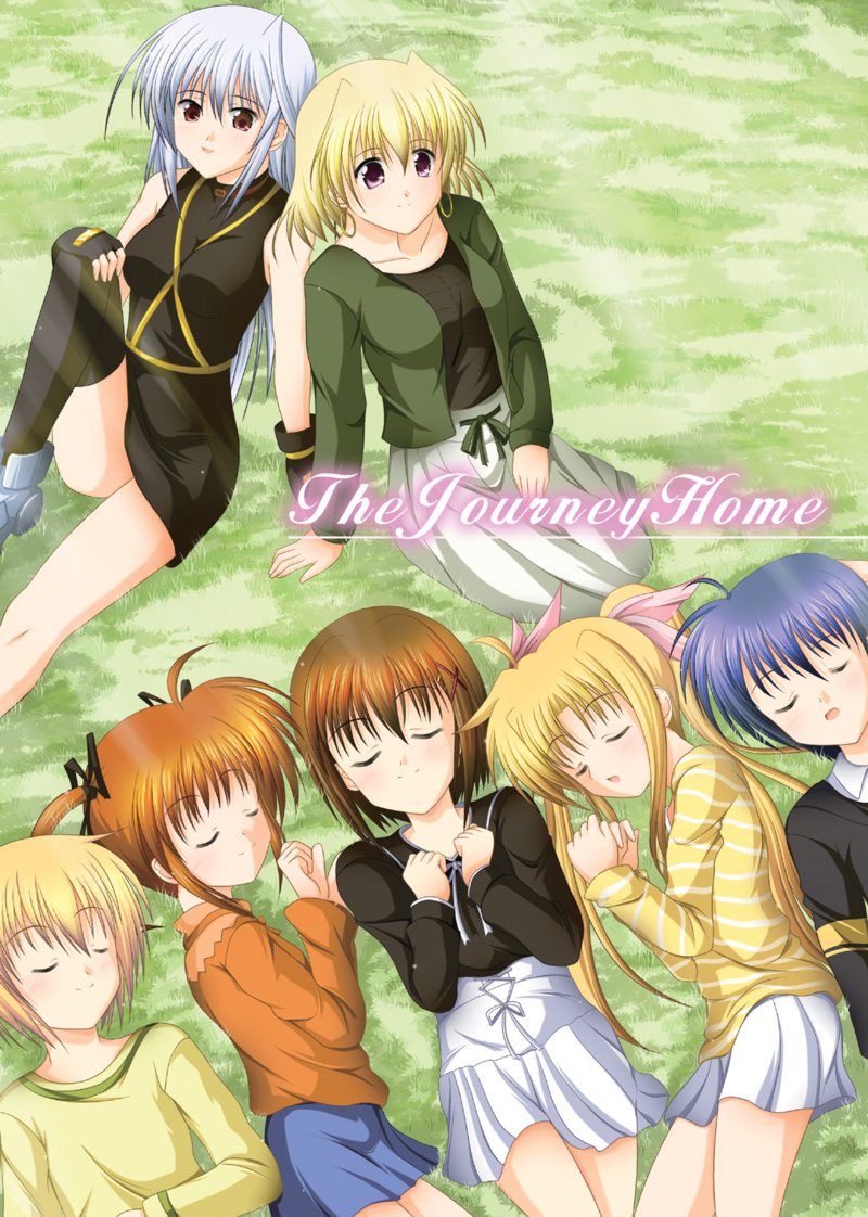 kaburayagi yasaburou, chrono harlaown, fate testarossa, reinforce, shamal, takamachi nanoha, yagami hayate, yuuno scrya, lyrical nanoha, mahou shoujo lyrical nanoha, mahou shoujo lyrical nanoha a's, silver hair, 2boys, 5girls, asymmetrical clothes, asymmetrical legwear, blonde hair, blue hair, brown hair, closed eyes, earrings, fingerless gloves, gloves, hair ornament, jewelry, magical girl, multiple boys, multiple girls, purple eyes, red eyes, red hair, single thighhigh, sleeping, thighhighs, twintails, uneven legwear, x hair ornament