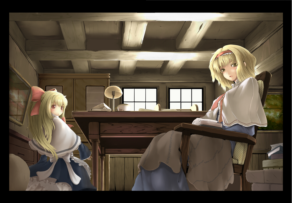 nejime, alice margatroid, shanghai doll, touhou, bad id, bad pixiv id, 1girl, blonde hair, book, border, doll, female focus, hairband, long hair, red eyes, short hair, solo, yellow eyes