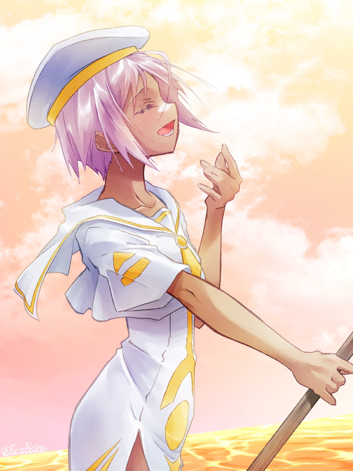 akira (tete-akira), athena glory, aria (manga), commentary request, highres, 1girl, artist name, beret, blush, closed eyes, collarbone, cowboy shot, dark-skinned female, dark skin, dress, eyelashes, from side, gold trim, hand up, hat, holding, holding oar, impossible clothes, impossible dress, necktie, oar, ocean, open mouth, orange planet uniform, outdoors, pink sky, purple hair, sailor collar, short hair, side slit, sidelocks, sky, solo, twitter username, white dress, white hat, white sailor collar, yellow necktie