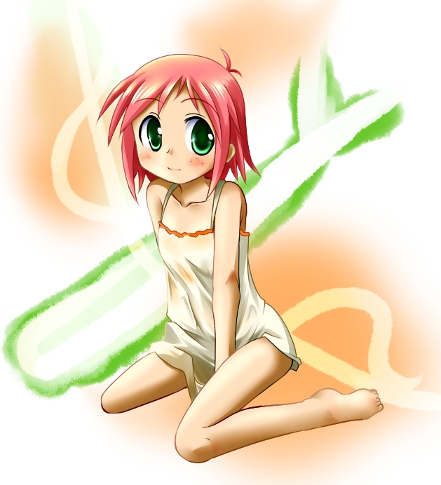 yoshizawa hikoto, murakami natsumi (negima), mahou sensei negima!, bad id, bad pixiv id, barefoot, dress, freckles, green eyes, red hair, short hair, solo, sundress