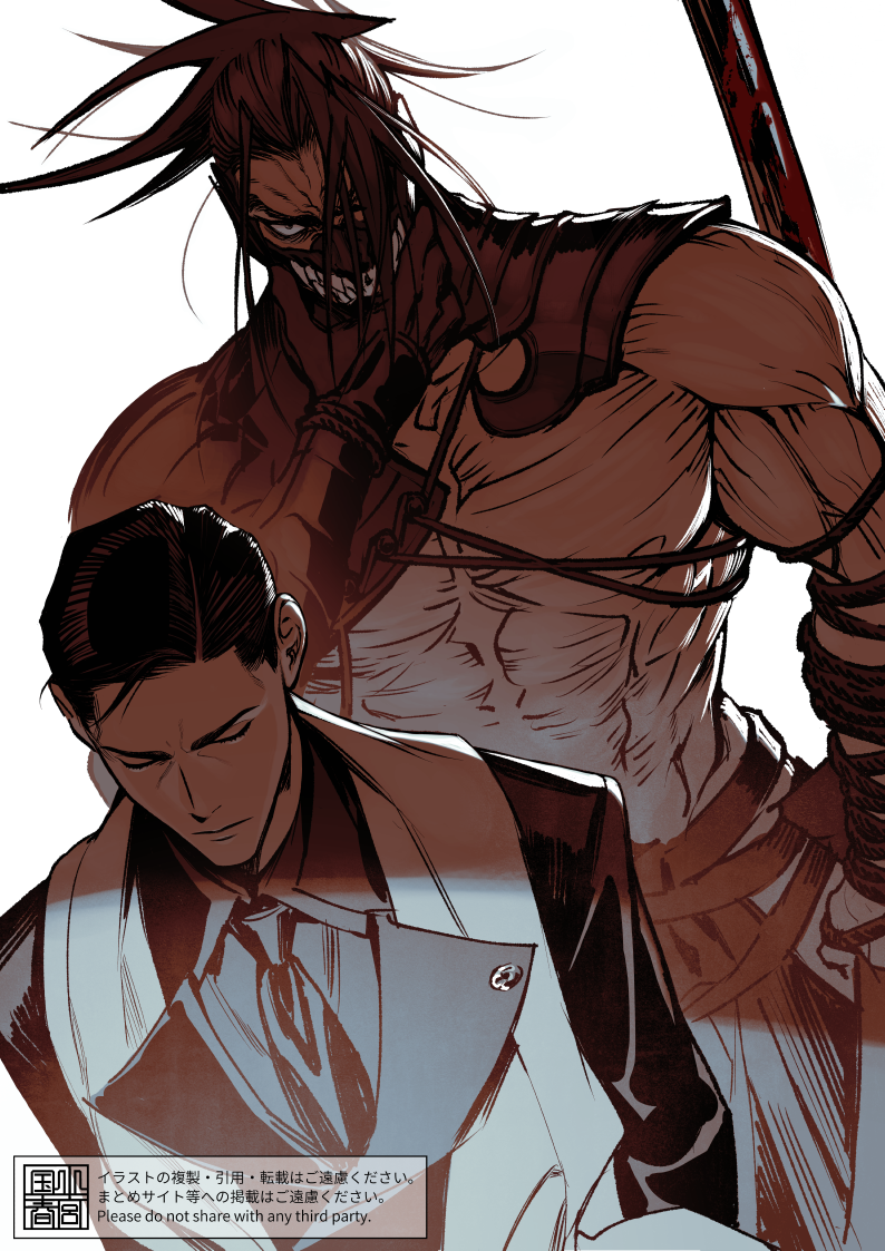 komiya kuniharu, takechi zuizan (fate), tanaka shinbei (fate), fate/grand order, fate (series), commentary, 2boys, abs, arm wrap, black hair, black necktie, closed eyes, closed mouth, clothing cutout, collared shirt, cowboy shot, facing ahead, glaring, hand on own chin, hand up, hip vent, holding, holding sword, holding weapon, igote, lapels, long sleeves, looking at viewer, male focus, mask, monochrome, mouth mask, multiple boys, muscular, muscular male, necktie, obliques, peaked lapels, pectorals, scarf, shirt, short hair, single arm guard, single bare shoulder, sword, thick arms, upper body, very short hair, weapon