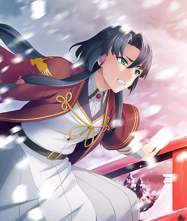 toji no miko, toji no miko: kizamishi issen no tomoshibi, game cg, official art, third-party source, 1girl, aqua eyes, architecture, belt, black belt, black hair, blizzard, breasts, clenched teeth, east asian architecture, gem, hand on railing, haori, japanese clothes, leaning forward, long hair, long sidelocks, low-tied long hair, medium breasts, origami akane, red gemstone, red haori, shirt, sidelocks, skirt, snow, snowing, solo, teeth, tree, white shirt, white skirt, wind