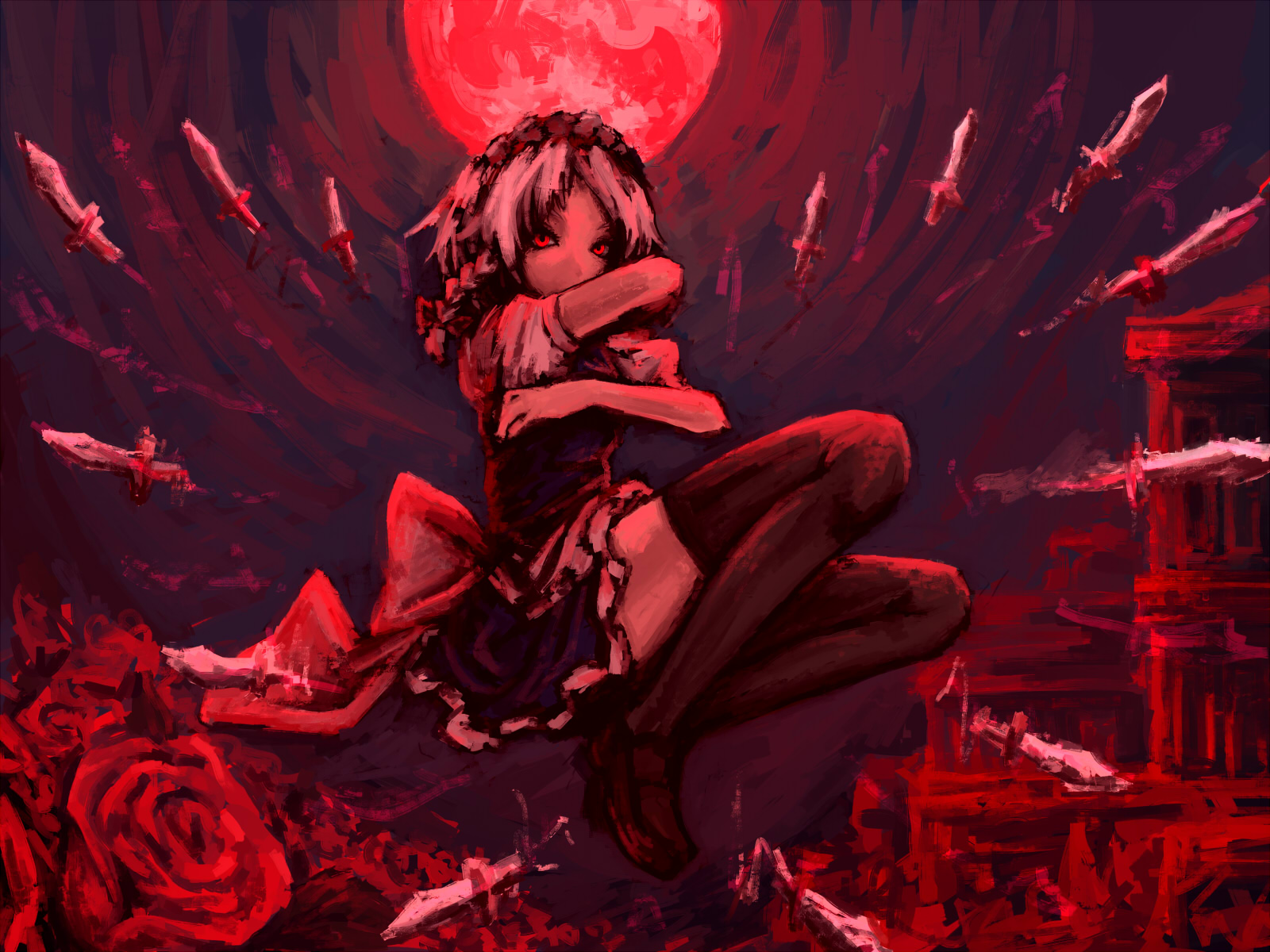 hima (mizu ni tsuyoi), himajin tohakagiranai, izayoi sakuya, embodiment of scarlet devil, touhou, bad id, bad pixiv id, highres, 1girl, action, braid, danmaku, female focus, flower, full moon, glaring, glowing, glowing eyes, jumping, knife, looking at viewer, maid, maid headdress, monochrome, moon, red eyes, red moon, red theme, rose, short hair, solo, thighhighs, throwing knife, twin braids, weapon, zettai ryouiki