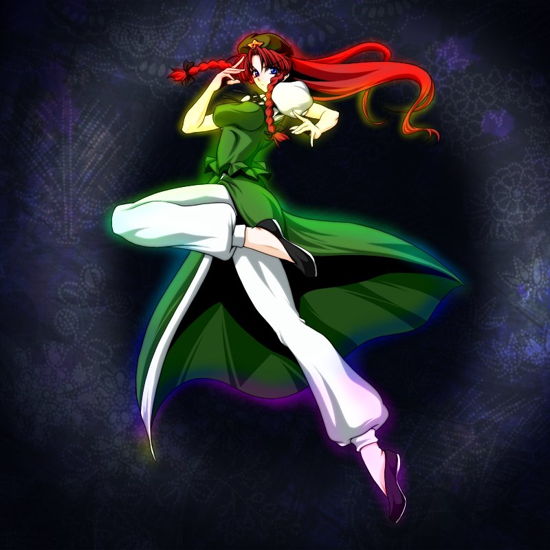 ootsuki wataru, hong meiling, embodiment of scarlet devil, touhou, bad id, bad pixiv id, 1girl, beret, blue eyes, braid, china dress, chinese clothes, dress, female focus, hat, long hair, red hair, solo, twin braids