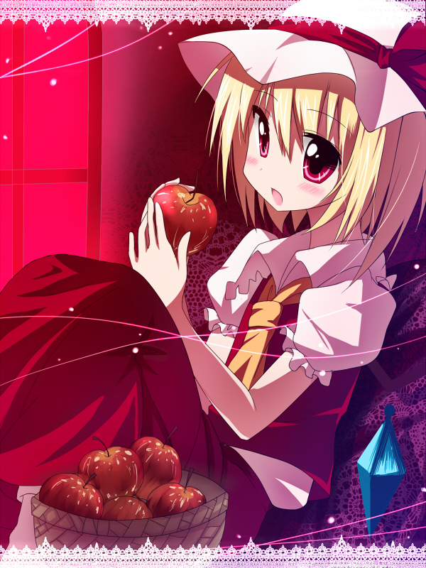 haiiro (immature), flandre scarlet, embodiment of scarlet devil, touhou, 1girl, apple, blonde hair, eating, female focus, food, fruit, holding, holding food, holding fruit, solo
