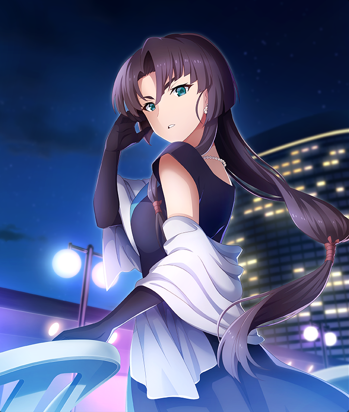 toji no miko, toji no miko: kizamishi issen no tomoshibi, game cg, official art, third-party source, 1girl, aqua eyes, black dress, black gloves, black hair, blue sky, breasts, building, chair, cloud, cowboy shot, dress, earrings, formal clothes, from side, gloves, hand in own hair, hand on chair, jewelry, lamppost, long hair, looking at viewer, looking to the side, low-tied long hair, low ponytail, medium breasts, necklace, night, origami akane, outdoors, parted lips, pearl necklace, ponytail, purple shawl, shawl, sidelocks, sky, solo, teeth
