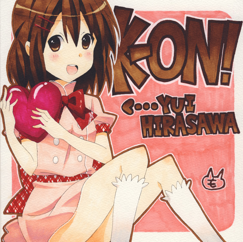 moke (rotary), hirasawa yui, k-on!, bad id, bad pixiv id, marker (medium), traditional media, 1girl, brown eyes, brown hair, dress, female focus, heart, kneehighs, short hair, socks, solo