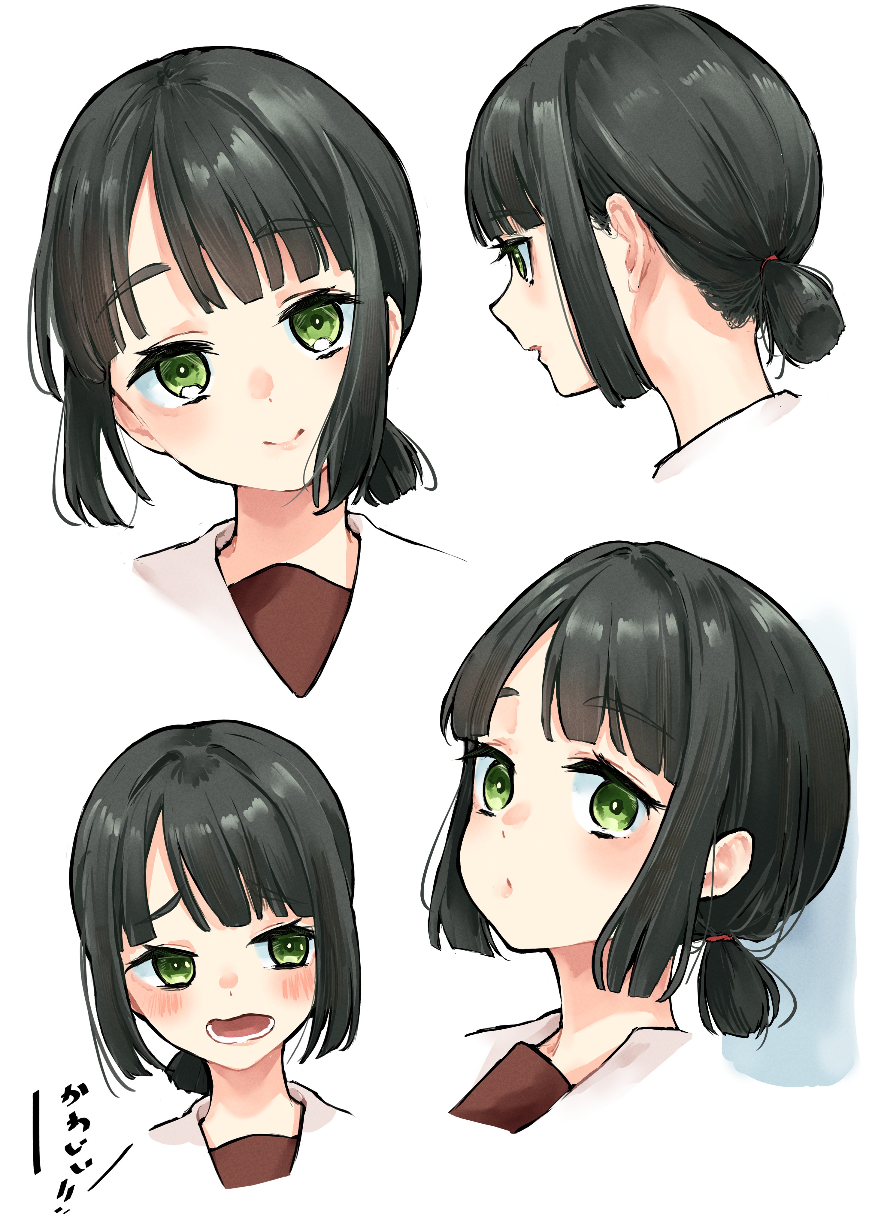mendo (mend0o0), momose ginko, link! like! love live!, love live!, absurdres, commentary request, highres, translation request, 1girl, alternate hairstyle, black hair, blush, closed mouth, green eyes, hasu no sora school uniform, looking at viewer, low ponytail, multiple views, open mouth, ponytail, profile, raised inner eyebrows, sailor collar, school uniform, short hair, short ponytail, sidelocks, smile, virtual youtuber, white sailor collar, winter uniform