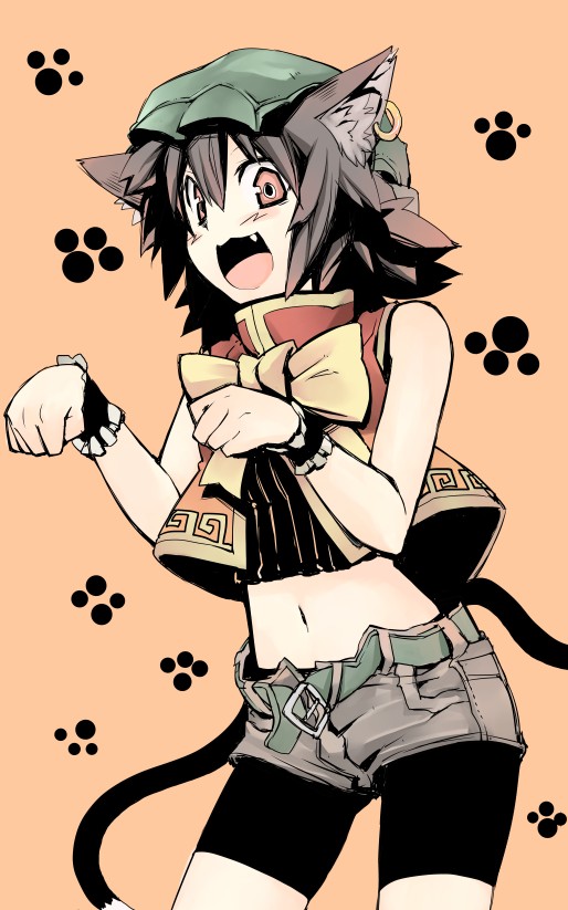 morino hon, chen, touhou, 1girl, alternate costume, animal ears, bike shorts, brown eyes, brown hair, cat ears, cat girl, cat tail, contemporary, earrings, fang, female focus, hat, jewelry, midriff, multiple tails, short hair, shorts, solo, tail, wrist cuffs