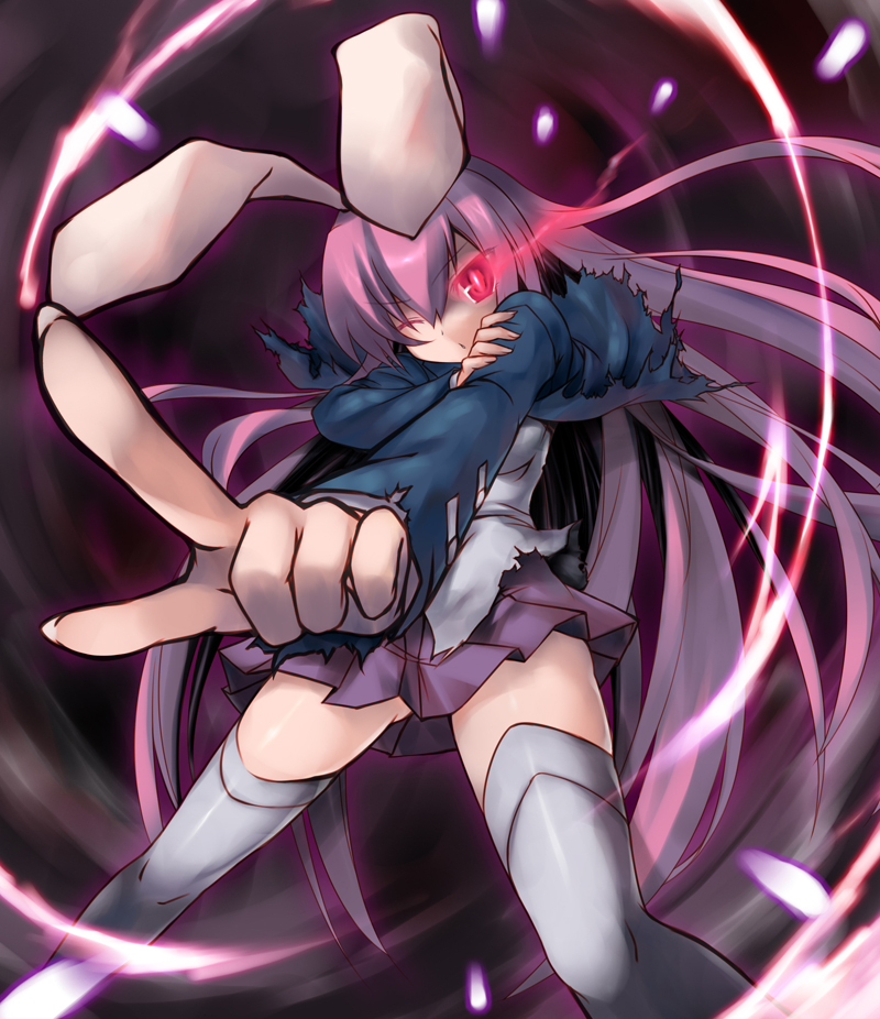 any (trueblue), reisen udongein inaba, touhou, 1girl, animal ears, female focus, foreshortening, glowing, glowing eyes, long hair, purple hair, rabbit ears, solo, thighhighs, very long hair, zettai ryouiki
