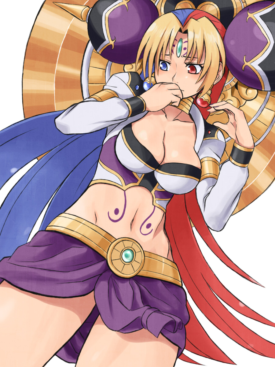 tarayama, balancile, baranshiiru, shinrabanshou, highres, 1girl, breasts, cleavage, earrings, female focus, heterochromia, jewelry, multicolored hair, navel, solo, tattoo