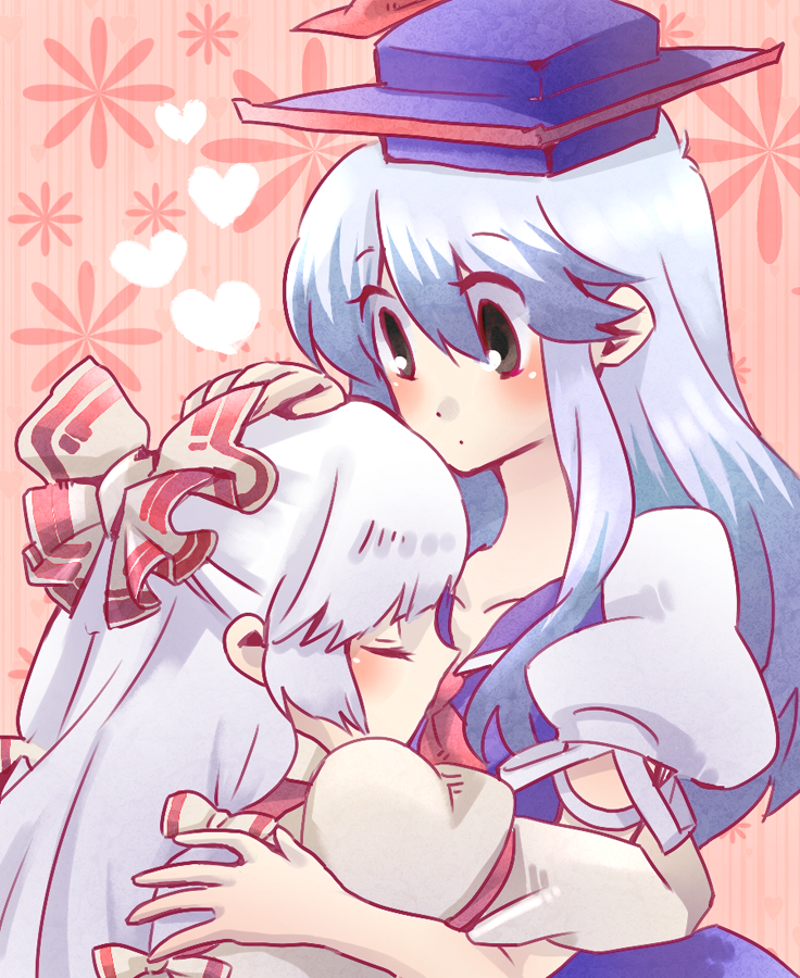 shinoasa, fujiwara no mokou, kamishirasawa keine, touhou, silver hair, bad id, bad pixiv id, 2girls, blue hair, brown eyes, female focus, hair ribbon, happy, hat, heart, hug, long hair, long sleeves, multiple girls, profile, ribbon, short sleeves, surprised