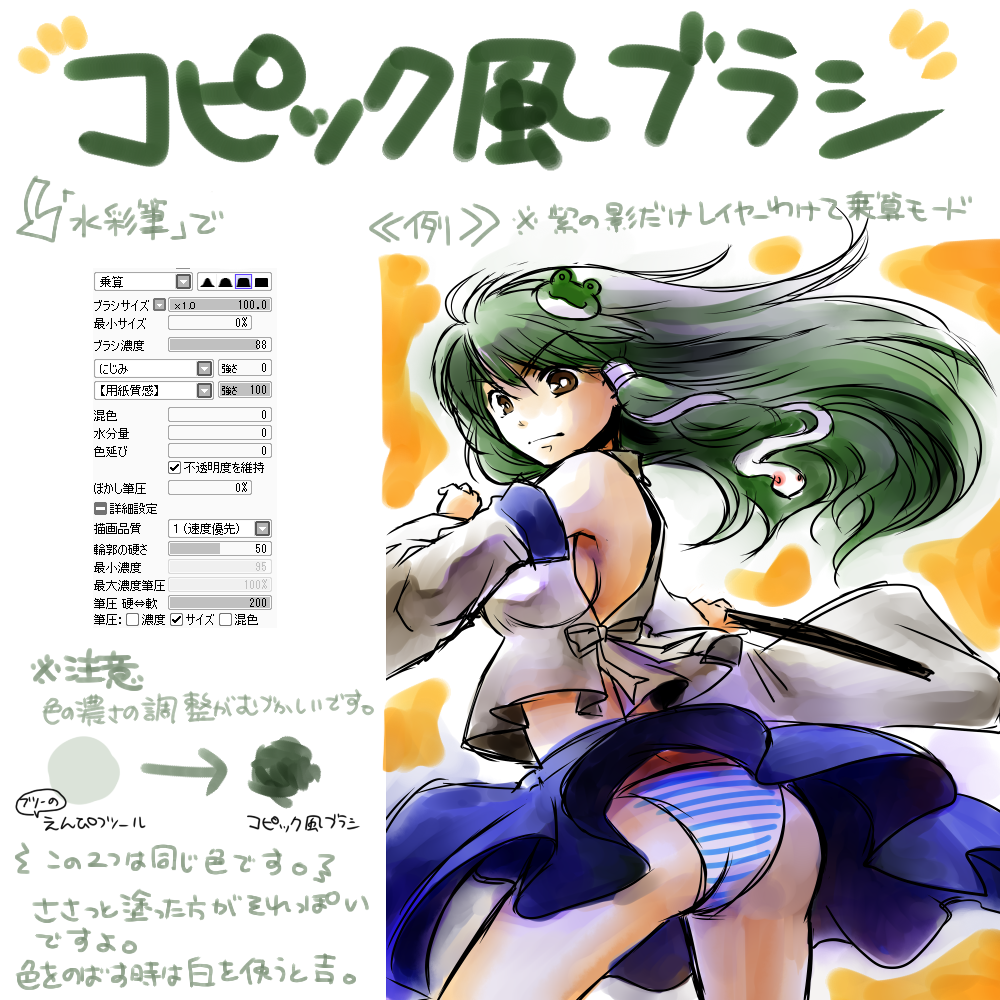 socha, kochiya sanae, mishaguji, painttool sai, touhou, translation request, 1girl, ass, breasts, brown eyes, detached sleeves, female focus, gohei, green hair, no bra, oonusa, panties, sideboob, snake, solo, striped clothes, striped panties, underwear, white snake