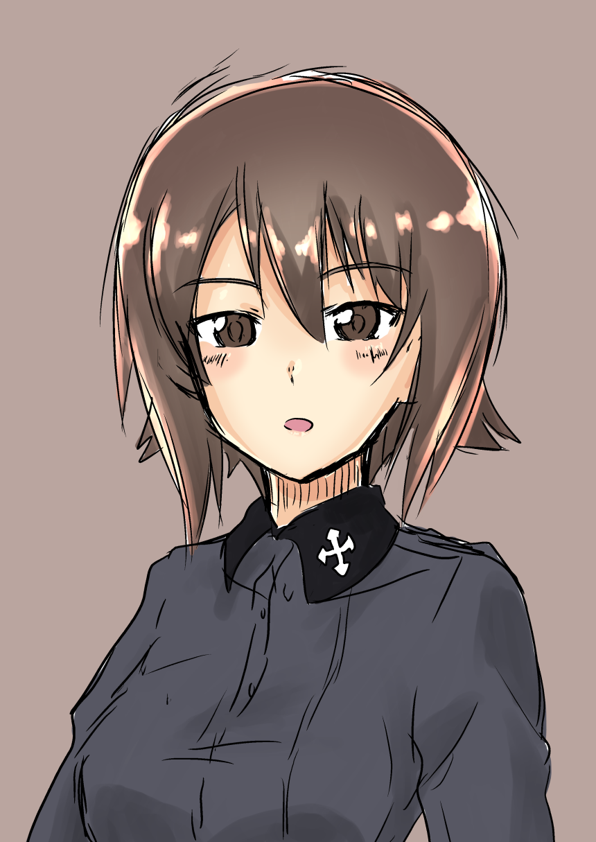 ken hayasaka, nishizumi maho, girls und panzer, highres, 1girl, black collar, breasts, brown background, brown eyes, brown hair, collar, cross, dress shirt, eyes visible through hair, grey shirt, hair between eyes, iron cross, kuromorimine school uniform, large breasts, open mouth, parted lips, school uniform, shirt, short hair, solo, surprised, upper body, wing collar