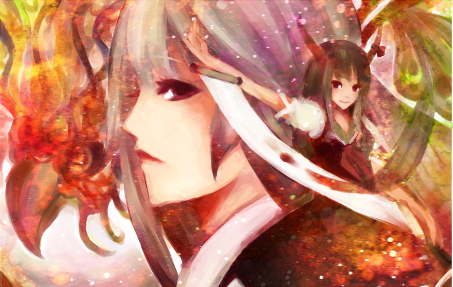 slvtr, ex-keine, fujiwara no mokou, kamishirasawa keine, touhou, bad id, bad pixiv id, 2girls, bird, dress, female focus, fire, green hair, horns, lips, long hair, multiple girls, outstretched arm, outstretched hand, phoenix, profile, red eyes, ribbon, scroll, short sleeves, smile