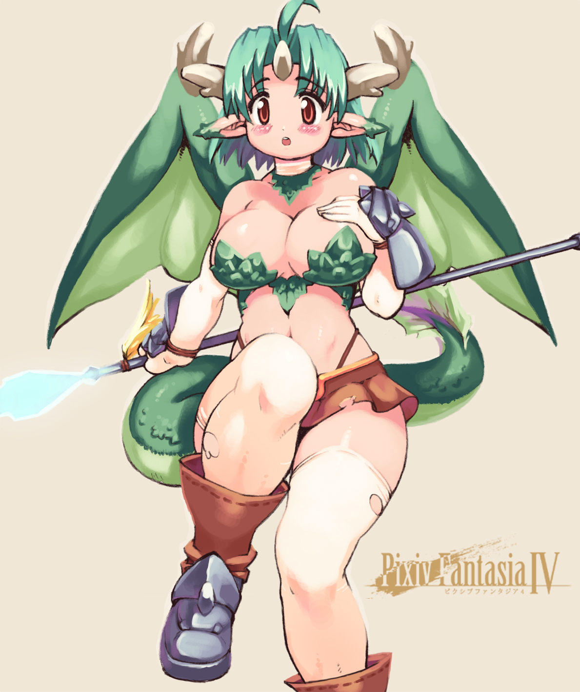 yu 3, original, pixiv fantasia, pixiv fantasia 4, highres, 1girl, ahoge, breasts, cleavage, curvy, dragon girl, female focus, green hair, monster girl, solo, thighhighs, torn clothes, torn thighhighs