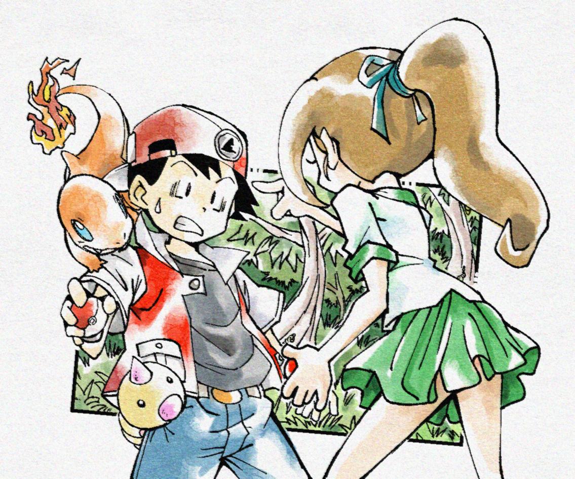 fenyon, charmander, lass (pokemon), lass (pokemon rgby), red (pokemon), weedle, nintendo, pokemon, pokemon rgby, 1boy, 1girl, aqua ribbon, backwards hat, baseball cap, belt, black eyes, black shirt, blue eyes, blue pants, brown hair, clenched teeth, closed mouth, comedic sweatdrop, fangs, fire, forest, gen 1 pokemon, green skirt, hair ribbon, hat, holding, holding poke ball, horns, jacket, miniskirt, nature, on shoulder, open clothes, open jacket, pants, pointing, pointing at another, poke ball, pokemon (creature), pokemon on shoulder, ponytail, red hat, red jacket, ribbon, school uniform, shirt, short sleeves, single horn, skirt, standing, sugimori ken (style), teeth, tree, viridian forest, white belt, white shirt
