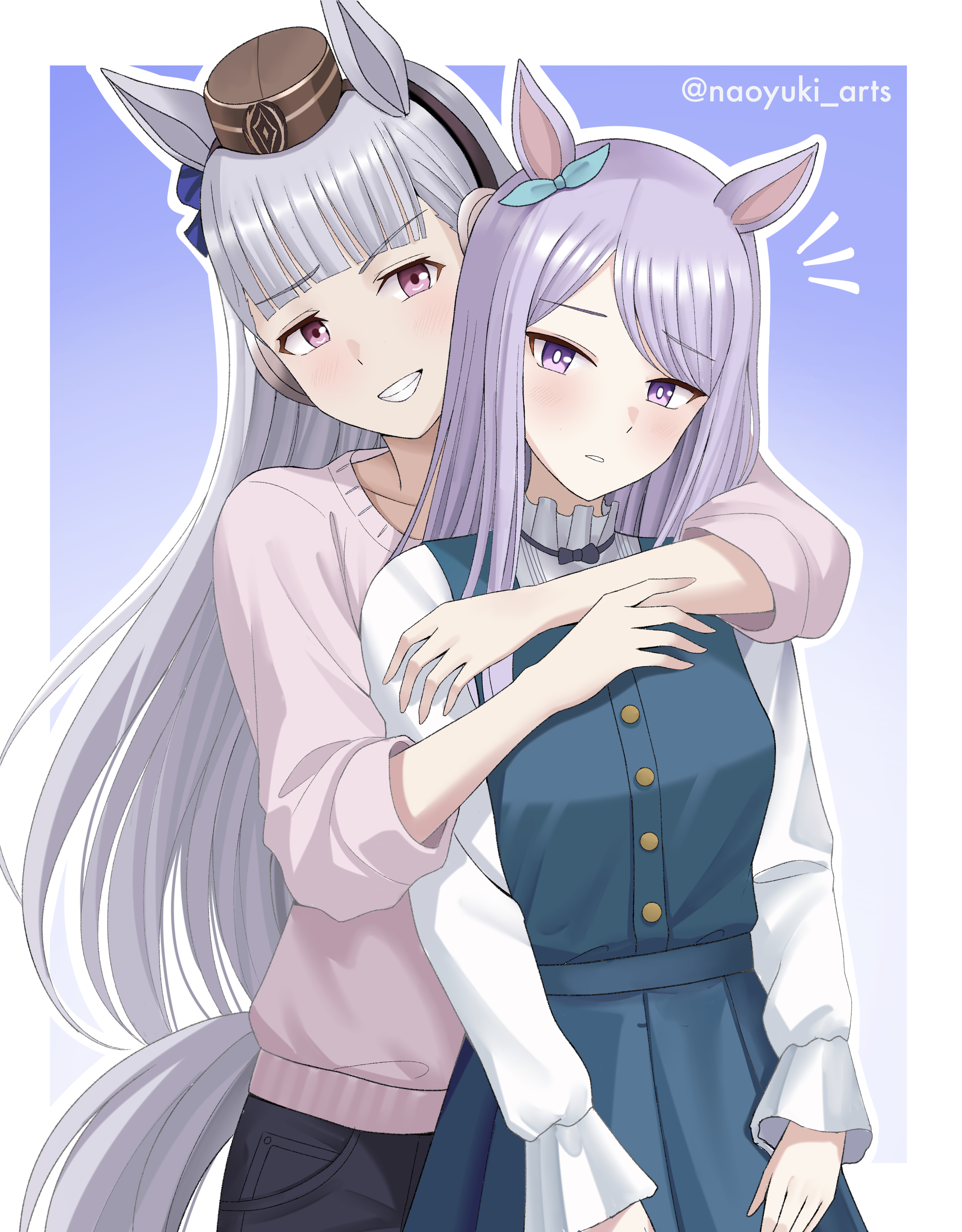 naoyuki arts, gold ship (casual) (umamusume), gold ship (umamusume), mejiro mcqueen (casual) (umamusume), mejiro mcqueen (umamusume), umamusume, absurdres, highres, 2girls, animal ears, aqua bow, black pants, blue dress, blunt bangs, blush, bow, breasts, brown hat, dress, ear bow, ear ribbon, grey hair, grin, hat, horse ears, horse girl, horse tail, hug, hug from behind, long hair, long sleeves, multiple girls, open mouth, pants, parted lips, pillbox hat, pink sweater, purple bow, purple eyes, purple hair, shirt, smile, sweater, tail, teeth, white shirt