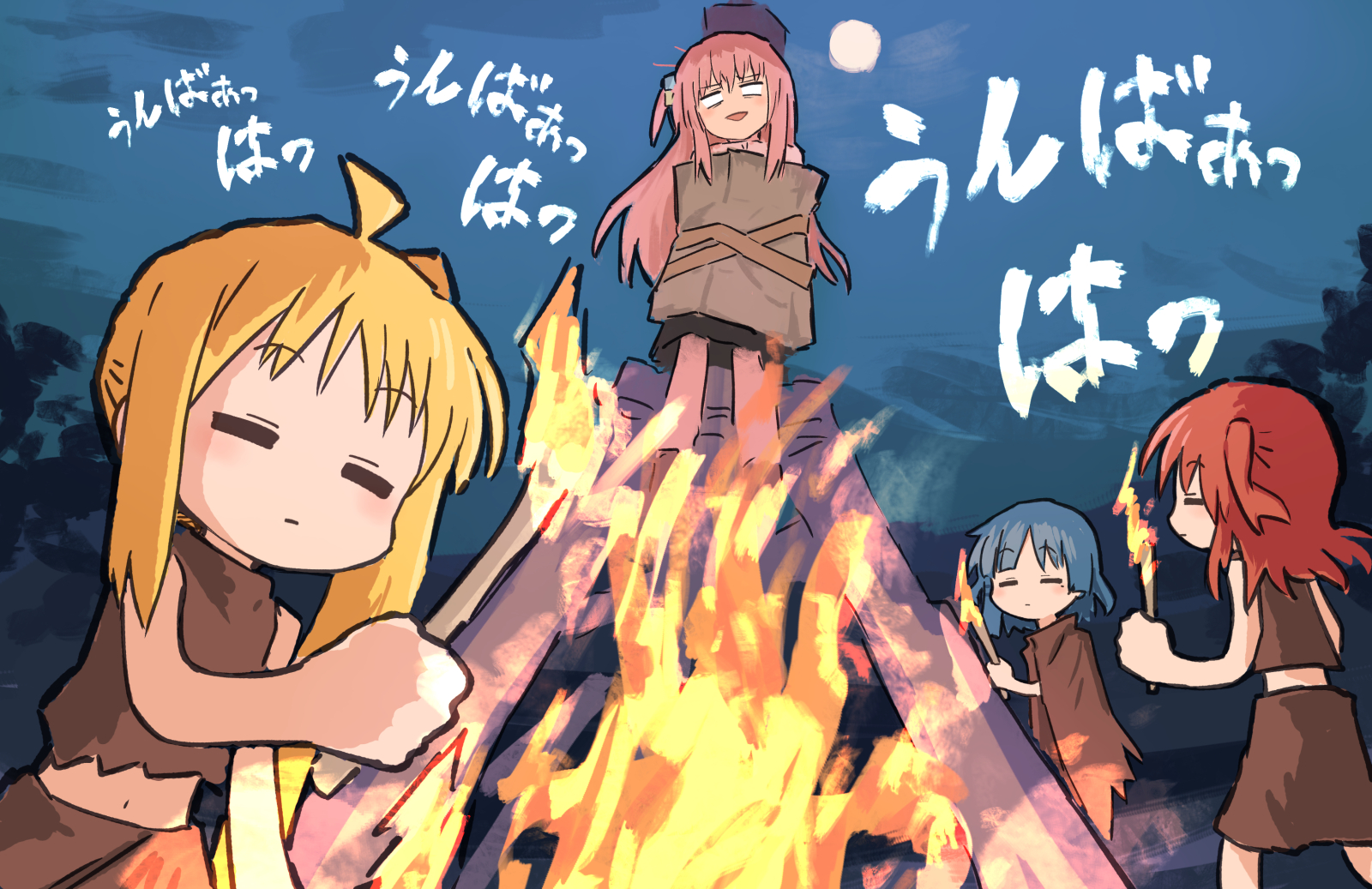 yukitake (bullfalk), gotoh hitori, ijichi nijika, kita ikuyo, yamada ryo, bocchi the rock!, commentary, highres, 4girls, ahoge, blank eyes, blonde hair, blue hair, blue sky, brown cloak, brown shirt, brown skirt, cloak, closed eyes, fire, full moon, holding, holding torch, kessoku band, long hair, medium hair, midriff, moon, multiple girls, navel, night, one side up, pink hair, red hair, restrained, shirt, short sleeves, side ponytail, sidelocks, skirt, sky, torch