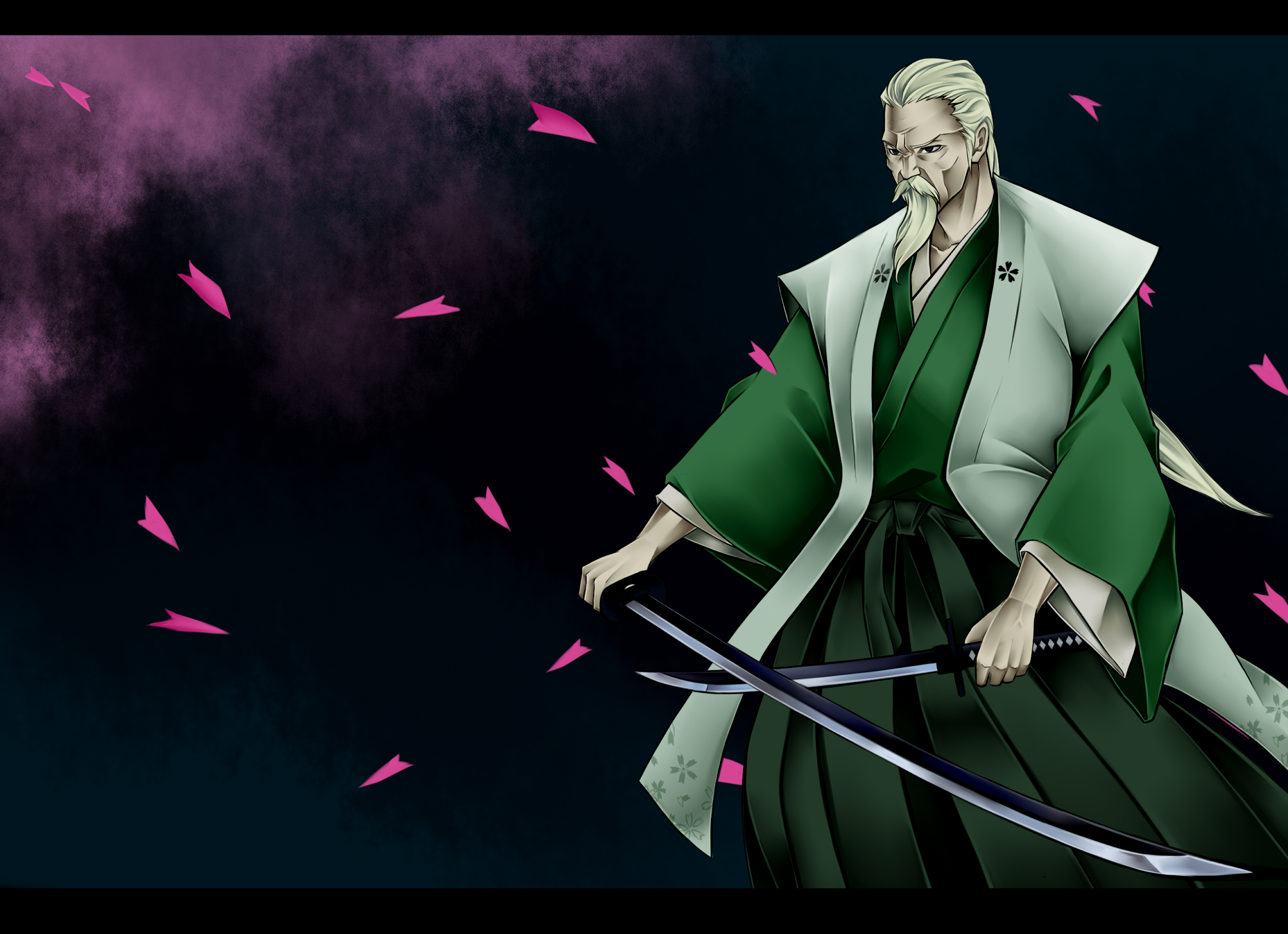 yukichi (bancho99), konpaku youki, touhou, highres, 1boy, beard, bow, cherry blossoms, dual wielding, facial hair, hakama, hakama skirt, haori, holding, japanese clothes, katana, male focus, mustache, old, old man, petals, sash, skirt, solo, sword, wakizashi, weapon