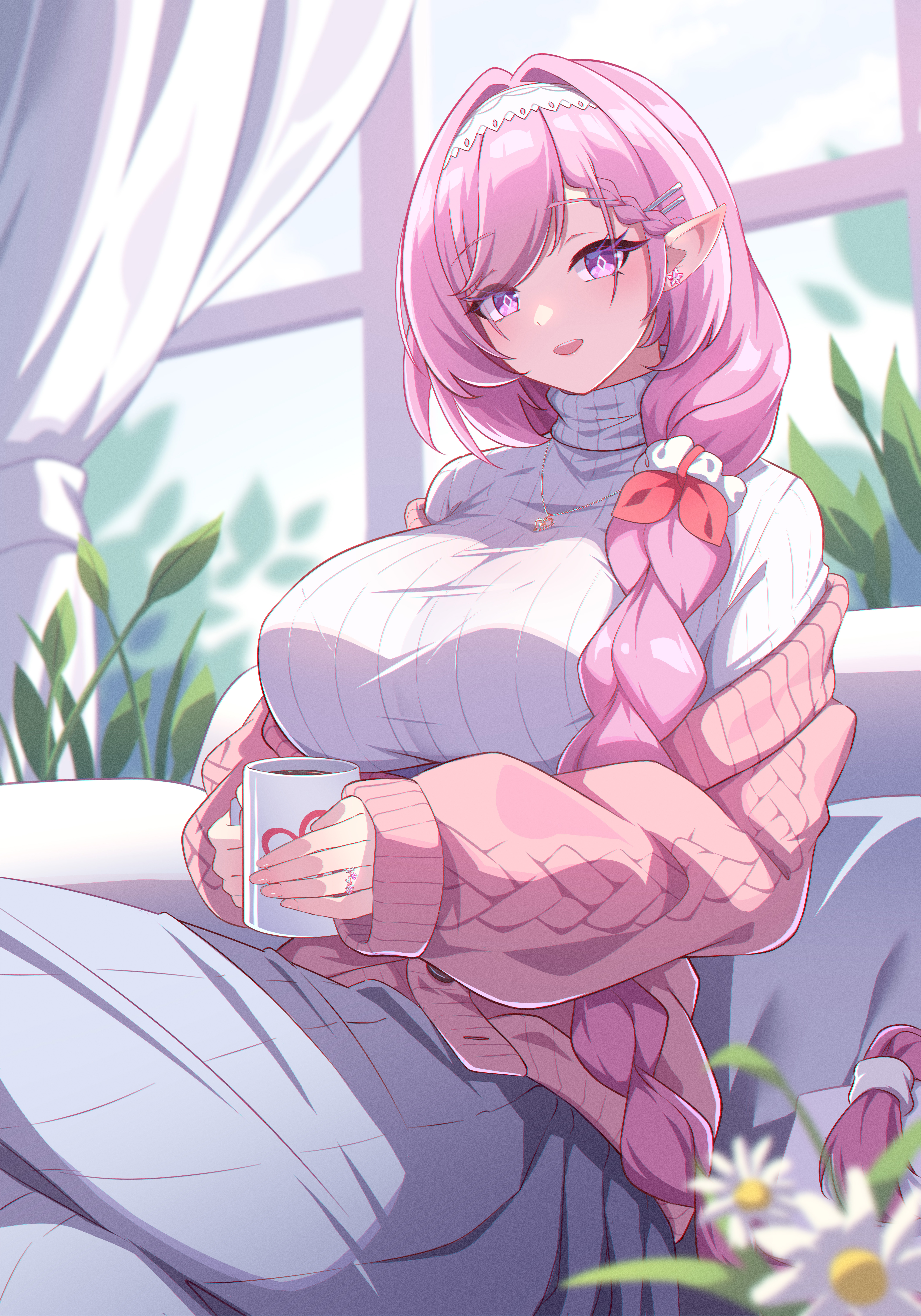 phantom racher, elysia (hi love elf) (honkai impact), elysia (honkai impact), honkai (series), honkai impact 3rd, absurdres, commentary request, highres, 1girl, aged up, alternate breast size (larger), alternate costume, braid, braided bangs, breasts, cardigan, cup, diamond-shaped pupils, diamond (shape), earrings, flower earrings, grey skirt, hairband, holding, holding cup, huge breasts, indoors, jewelry, long hair, long skirt, looking at viewer, necklace, off shoulder, open mouth, pink cardigan, pink hair, pointy ears, purple eyes, ring, sitting, skirt, smile, solo, sweater, symbol-shaped pupils, turtleneck, turtleneck sweater, very long hair, white hairband, white sweater, window
