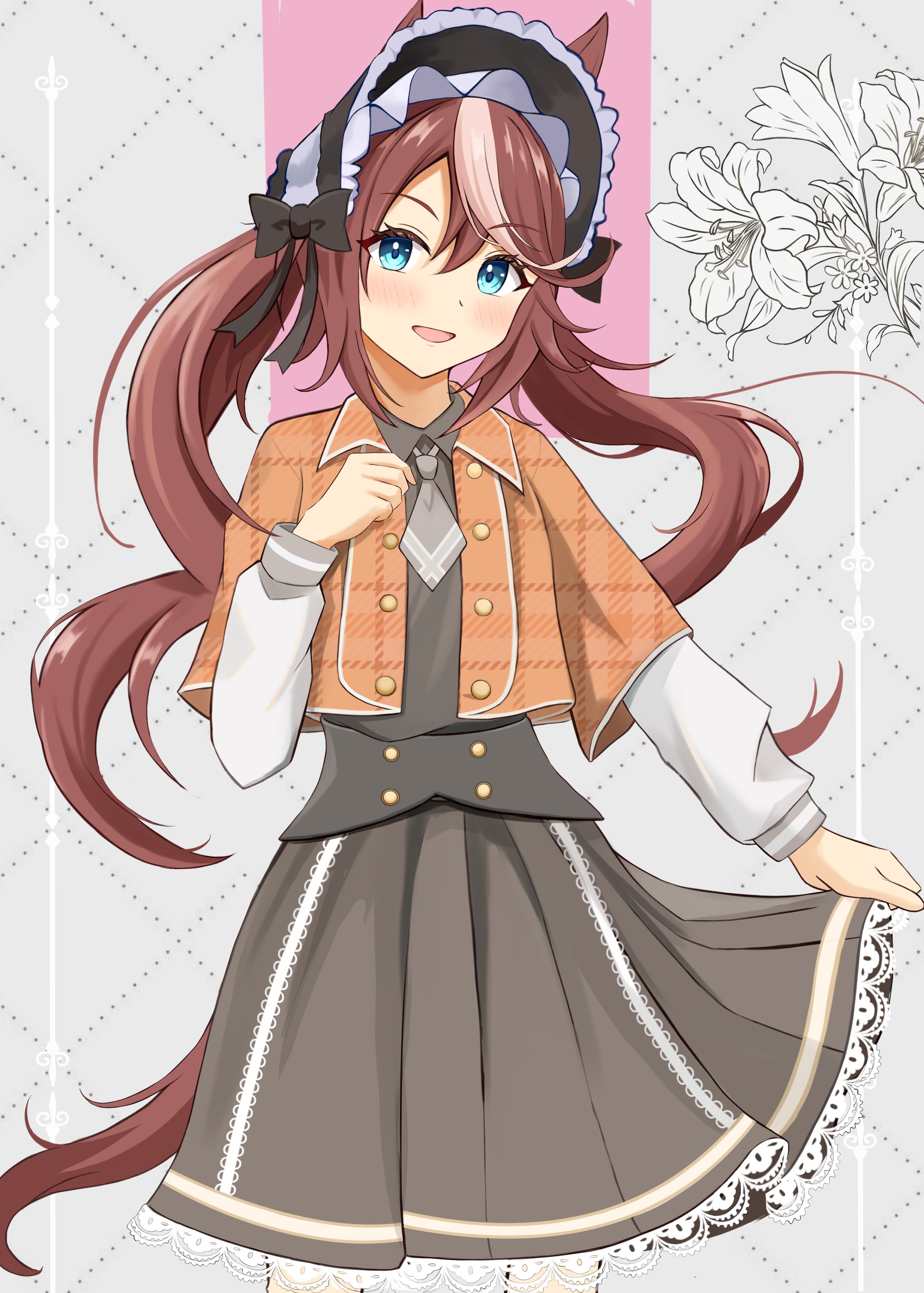 sky wing12, tokai teio (umamusume), umamusume, absurdres, commentary request, highres, 1girl, animal ears, black bow, blue eyes, blush, bonnet, bow, brown hair, collared shirt, flower, grey necktie, grey shirt, grey skirt, hair between eyes, horse ears, horse girl, horse tail, jacket, long hair, long sleeves, looking at viewer, multicolored hair, necktie, open mouth, orange jacket, shirt, skirt, smile, solo, streaked hair, tail, twintails, two-tone hair