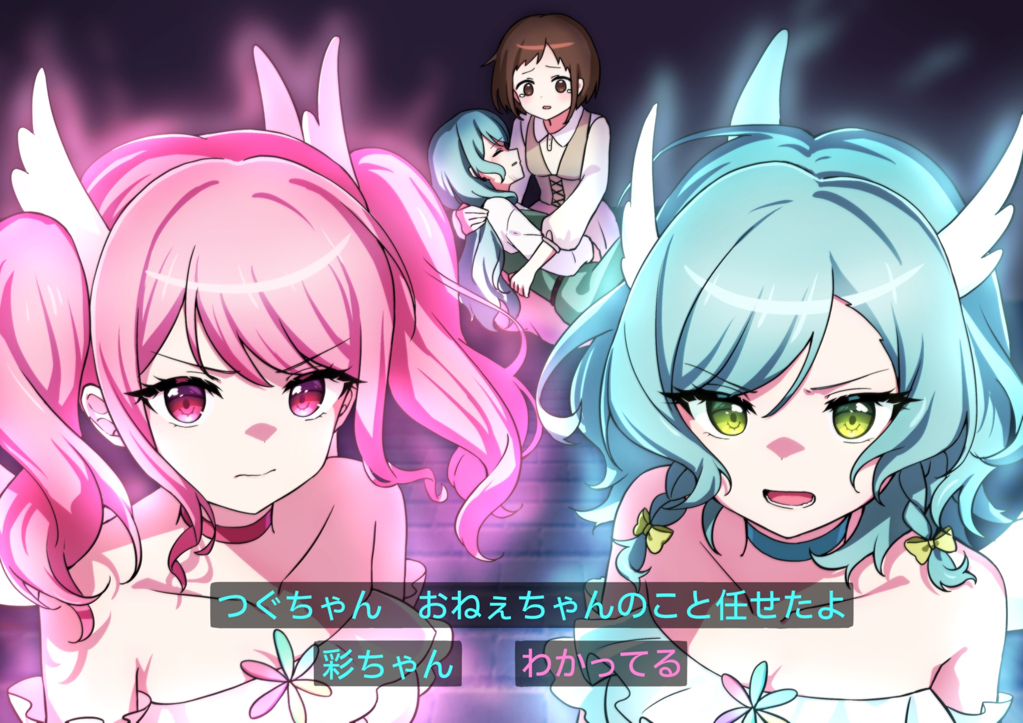 meu203, hazawa tsugumi, hikawa hina, hikawa sayo, maruyama aya, bang dream!, highres, translation request, 4girls, angry, black background, brown eyes, brown hair, choker, dress, green choker, green dress, green eyes, green hair, long hair, looking at viewer, multiple girls, open mouth, pink choker, pink dress, pink eyes, pink hair, short hair, siblings, simple background, sisters, sleeveless, twins, twintails