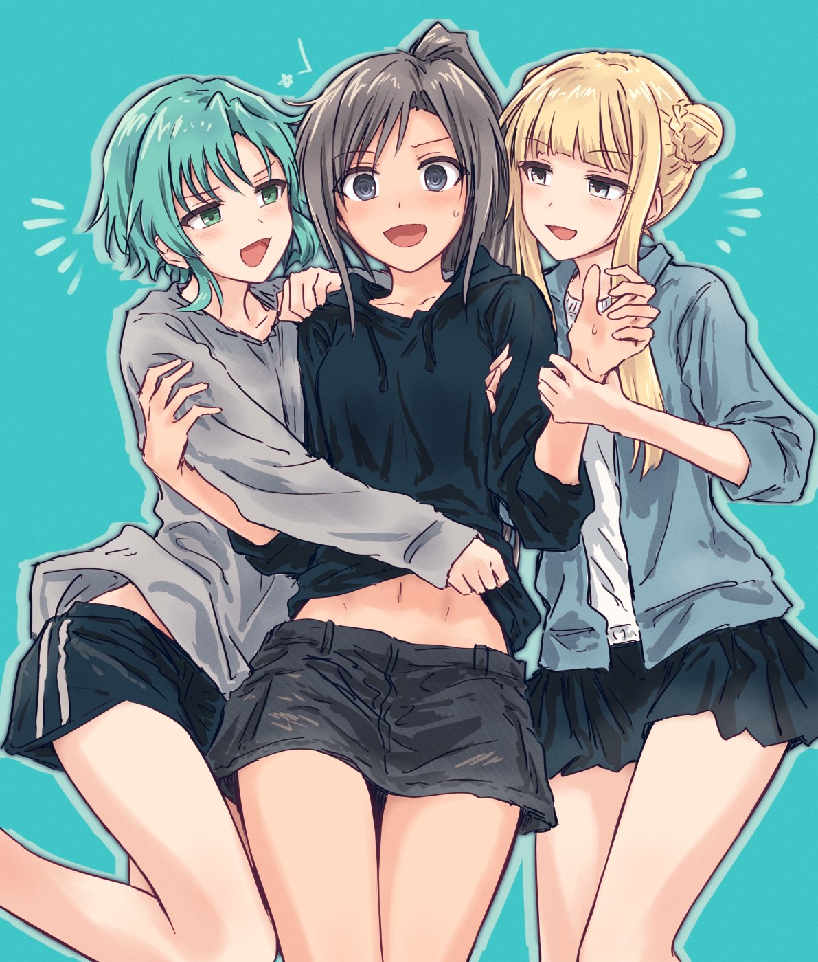 yukitake (bullfalk), fukushima noa, hanamaki towa, niijima ibuki, d4dj, commentary, highres, revision, 3girls, :d, @ @, aqua background, aqua hair, black hoodie, black shorts, blonde hair, blue jacket, blunt bangs, blush, braid, braided bun, breasts, bun with braided base, clothes lift, collarbone, denim, denim skirt, double bun, drop shadow, girl sandwich, grabbing another's arm, green eyes, grey eyes, grey hair, grey shirt, grey skirt, hair bun, hand on another's arm, high ponytail, hood, hoodie, hoodie lift, jacket, long hair, long sleeves, looking at another, medium breasts, midriff peek, miniskirt, multiple girls, navel, notice lines, open clothes, open jacket, open mouth, pleated skirt, ponytail, sandwiched, shirt, short hair, short hair with long locks, short shorts, shorts, sidelocks, simple background, skirt, smile, sweatdrop, swept bangs, three-quarter sleeves, white shirt, yuri