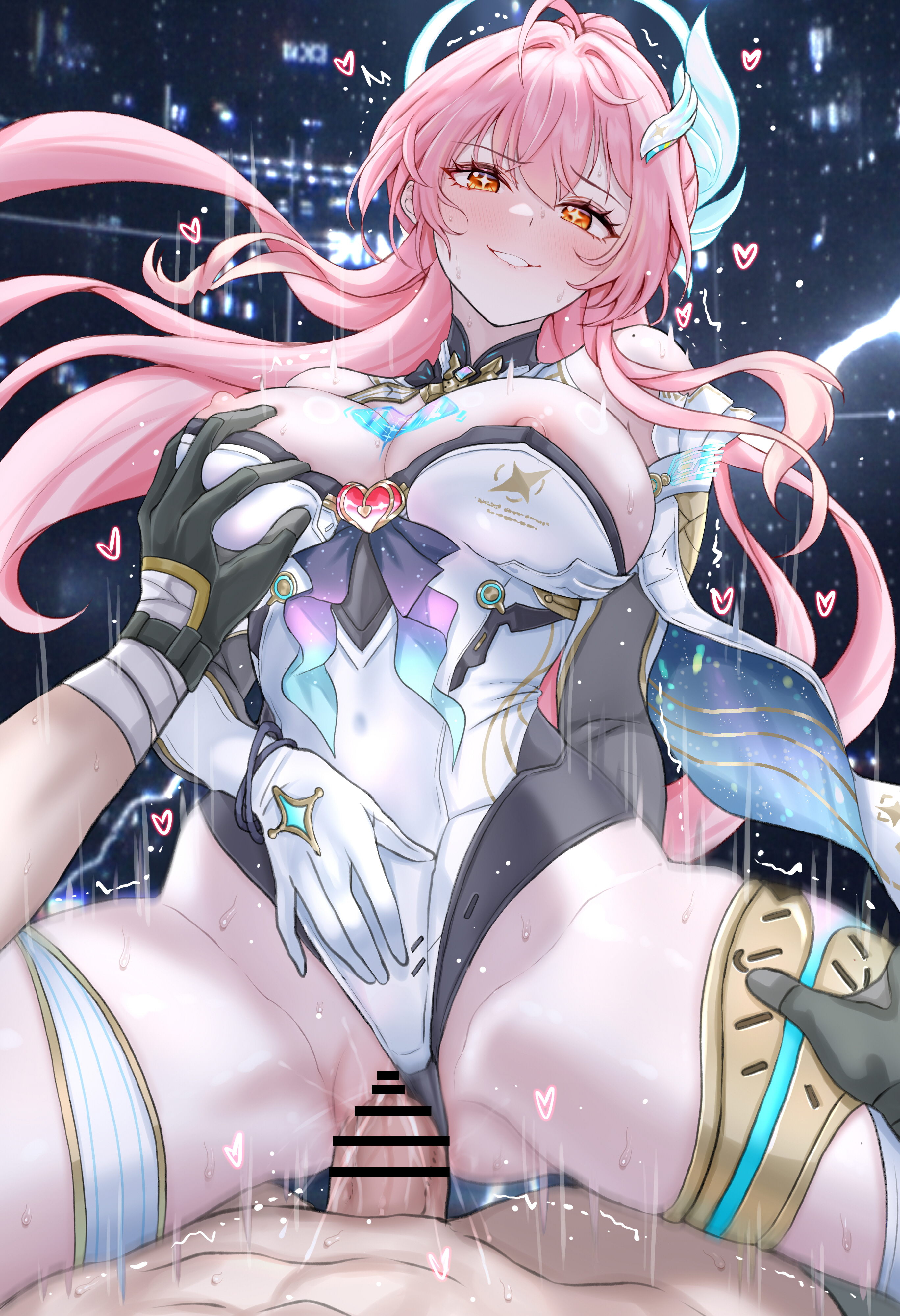 daram (shappydude), aemeath (wuthering waves), male rover (wuthering waves), rover (wuthering waves), wuthering waves, absurdres, commentary, highres, large variant set, variant set, 1boy, 1girl, bar censor, black gloves, blush, breasts, censored, clothed sex, clothing aside, cowgirl position, elbow gloves, game screenshot background, girl on top, gloves, grabbing another's breast, groping, hair ornament, hand on own stomach, heart, hetero, large breasts, leotard, leotard aside, long hair, looking at viewer, nipples, orange eyes, parted lips, penis, pink hair, pov, pussy, screenshot background, sex, smile, star-shaped pupils, star (symbol), straddling, symbol-shaped pupils, thighs, vaginal, white gloves, white leotard