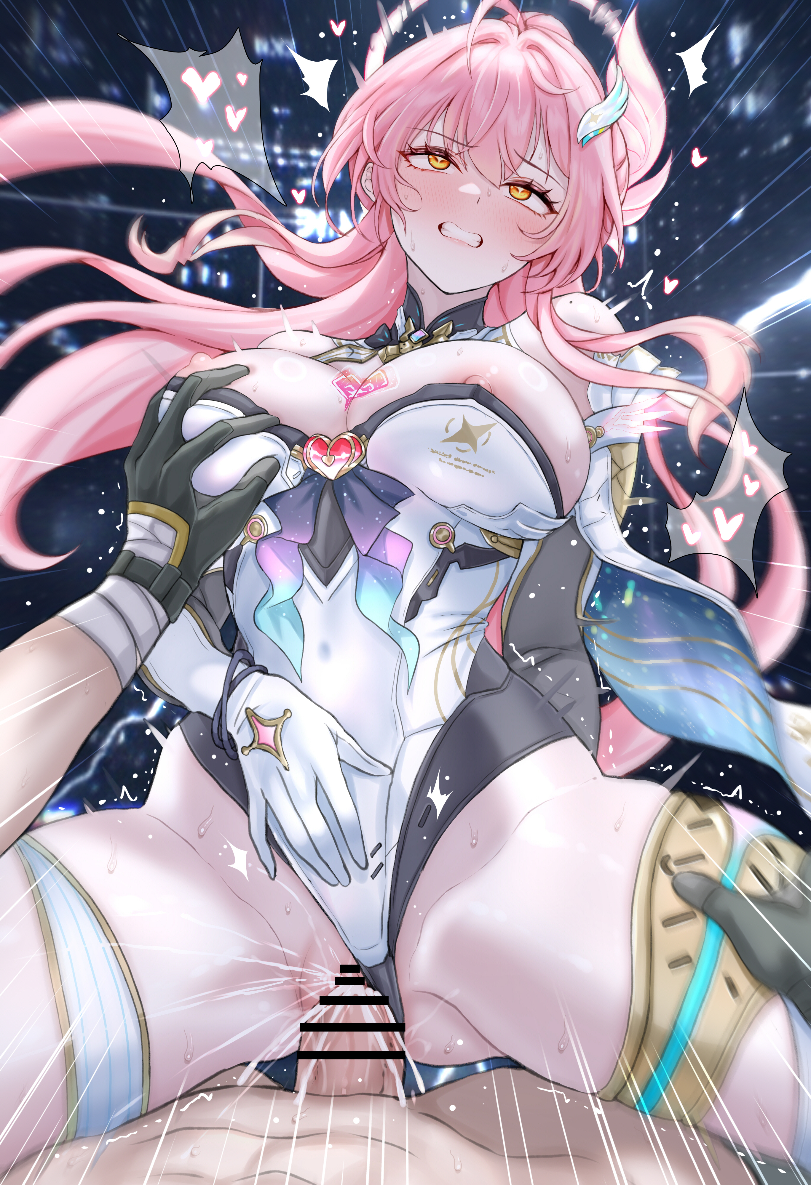 daram (shappydude), aemeath (wuthering waves), male rover (wuthering waves), rover (wuthering waves), wuthering waves, absurdres, commentary, highres, large variant set, variant set, 1boy, 1girl, bar censor, black gloves, blush, breasts, censored, clenched teeth, clothed sex, clothing aside, cowgirl position, cum, cum in pussy, elbow gloves, game screenshot background, girl on top, gloves, grabbing another's breast, groping, hair ornament, hand on own stomach, heart, hetero, large breasts, leotard, leotard aside, long hair, nipples, one eye closed, open mouth, orange eyes, penis, pink hair, pov, pussy, rolling eyes, screenshot background, sex, star-shaped pupils, star (symbol), straddling, symbol-shaped pupils, teeth, thighs, vaginal, white gloves, white leotard