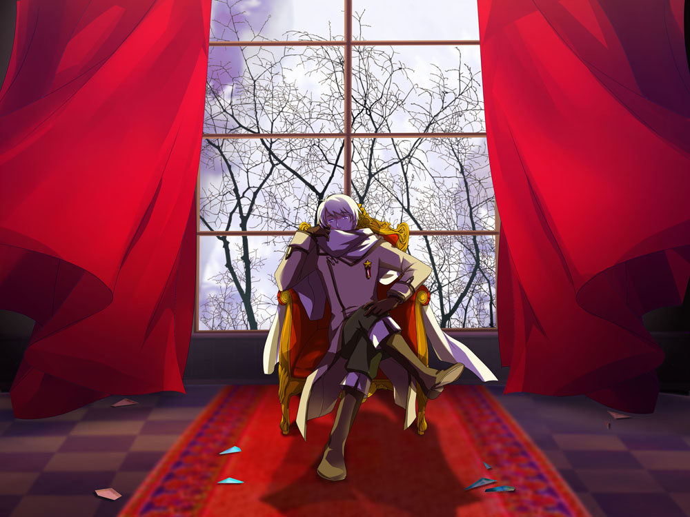 stand hong, russia (hetalia), axis powers hetalia, uniform, 1boy, crossed legs, curtains, indoors, male focus, nature, plant, scarf, short hair, sitting, sky, solo, throne, window