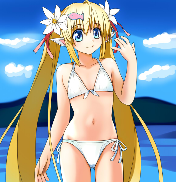 miru, white mermaid, original, bad id, bad pixiv id, 1girl, bikini, blonde hair, blue eyes, breasts, female focus, fish, flat chest, hair ornament, hairclip, long hair, pointy ears, solo, swimsuit, twintails, white bikini