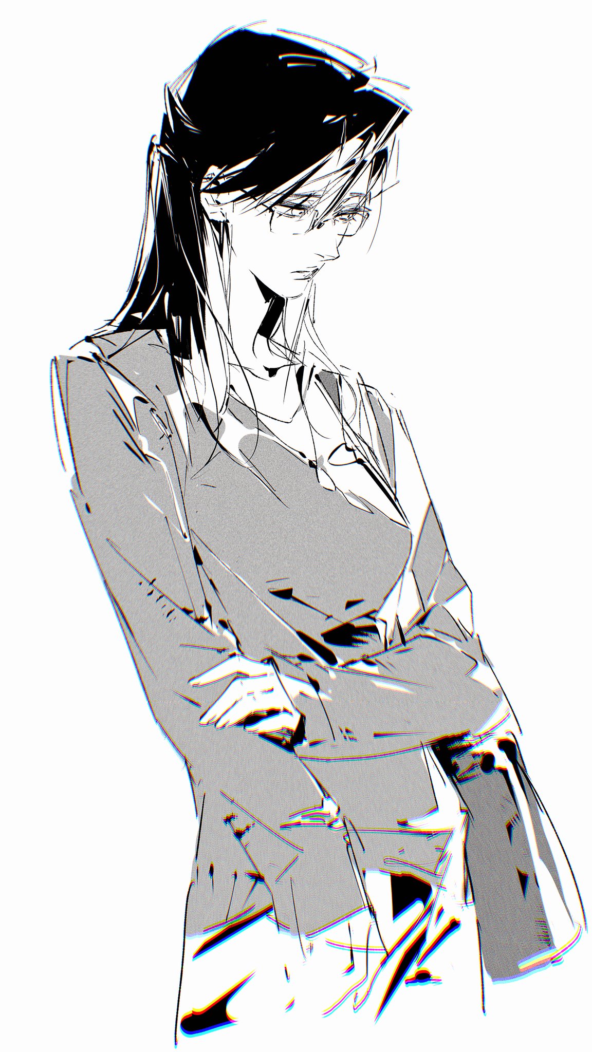 llmia4, copyright request, highres, 1girl, black hair, cowboy shot, glasses, greyscale, hand on own arm, monochrome, solo, standing