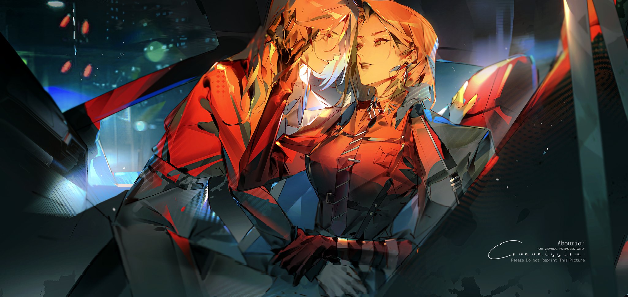 llmia4, chief (path to nowhere), female chief (path to nowhere), langley (path to nowhere), path to nowhere, highres, 2girls, belt, black gloves, cowboy shot, gloves, leaning forward, looking at another, multiple girls, necktie, pants, sitting, standing, yuri