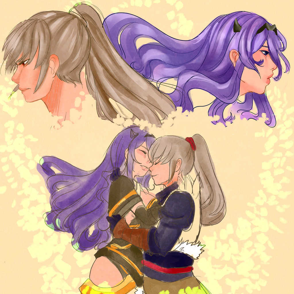 camilla (fire emblem), takumi (fire emblem), fire emblem, fire emblem fates, nintendo, 1boy, 1girl, closed eyes, grey hair, hug, kiwipancakes, long hair, purple hair, taller female, tiara, wavy hair