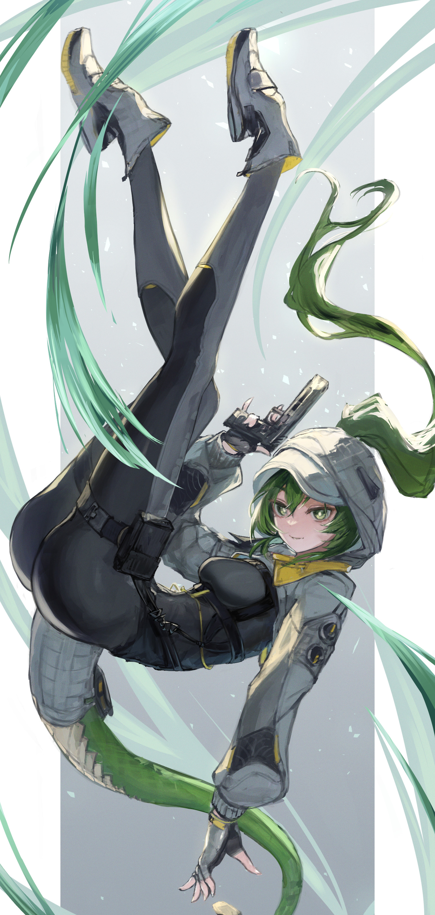 toricky, fluorite (arknights), arknights, absurdres, commentary request, highres, partial commentary, 1girl, ankle boots, ass, black bodysuit, black gloves, bodysuit, boots, bright pupils, fingerless gloves, floating, full body, gloves, green eyes, green hair, grey boots, grey hood, gun, hair between eyes, handgun, holding, holding gun, holding weapon, hood, hood up, legs up, long hair, long sleeves, looking at viewer, pouch, snake girl, snake tail, solo, tail, thigh pouch, trigger discipline, weapon, white pupils
