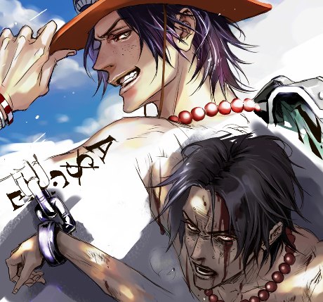 lily (artist), portgas d. ace, one piece, tied up, lowres, 1boy, beads, black hair, blood, bound, bound wrists, bracelet, chain, cloud, cuffs, dual persona, freckles, grin, hand on headwear, hat, impel down, injury, jewelry, jolly roger, male focus, multiple persona, muscular, necklace, pirate, prison, prisoner, shackles, sky, smile, solo, stampede string, tattoo, topless male