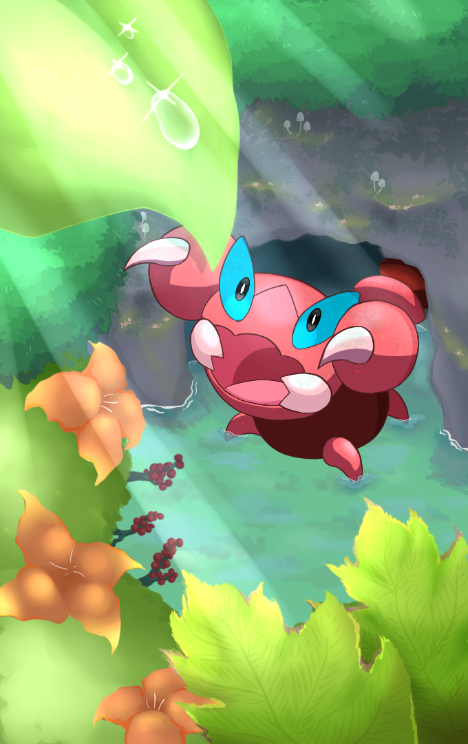 fdft4787, skorupi, nintendo, pokemon, commentary request, alternate color, animal focus, bug, claws, flower, gen 4 pokemon, glint, leaf, light rays, mushroom, no humans, open mouth, outdoors, pokemon (creature), pokemon focus, shiny pokemon, solo, water, water drop
