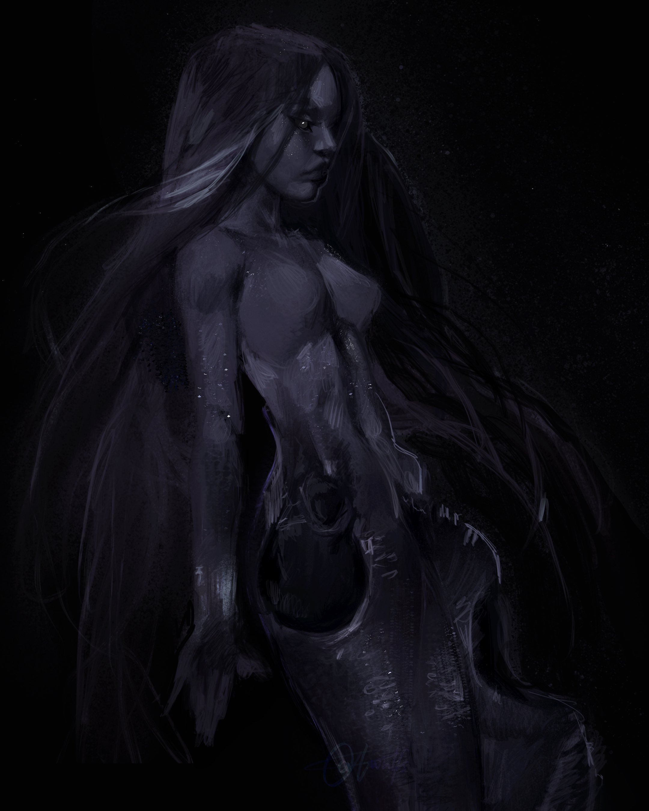 original, absurdres, commentary, english commentary, highres, 1girl, m/, black background, black hair, dark-skinned female, dark skin, floating hair, long hair, looking to the side, mermaid, monster girl, simple background, solo, starry skin, twulfs, very dark skin, very long hair