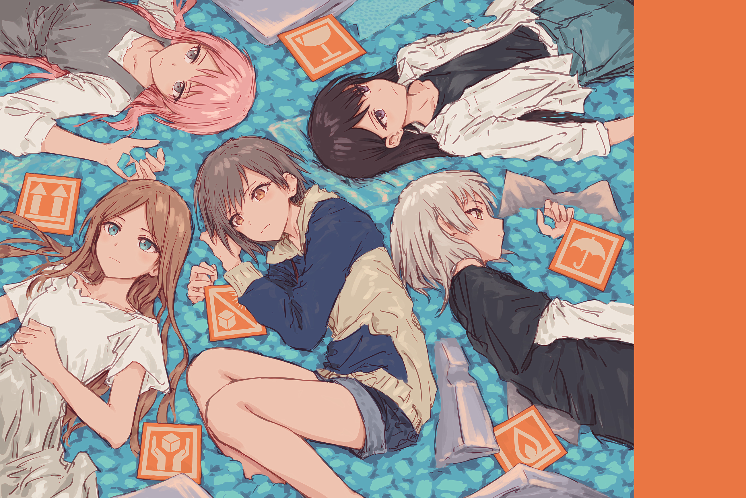 yukitake (bullfalk), chihaya anon, kaname raana, nagasaki soyo, shiina taki, takamatsu tomori, bang dream!, bang dream! it's mygo!!!!!, commentary, highres, 5girls, arrow (symbol), black hair, black shirt, blue eyes, blue hoodie, blue shorts, blue skirt, brown hair, closed mouth, dress, feet out of frame, flammable symbol, fragile symbol, grey dress, grey eyes, grey hair, grey skirt, handle with care, hood, hoodie, layered sleeves, light frown, long hair, long sleeves, lying, multiple girls, mygo!!!!! (bang dream!), on back, on side, open clothes, open shirt, orange eyes, packing peanuts, pinafore dress, pink hair, profile, purple eyes, shirt, short hair, short over long sleeves, short shorts, short sleeves, shorts, skirt, sleeveless, sleeveless dress, white shirt, yellow eyes