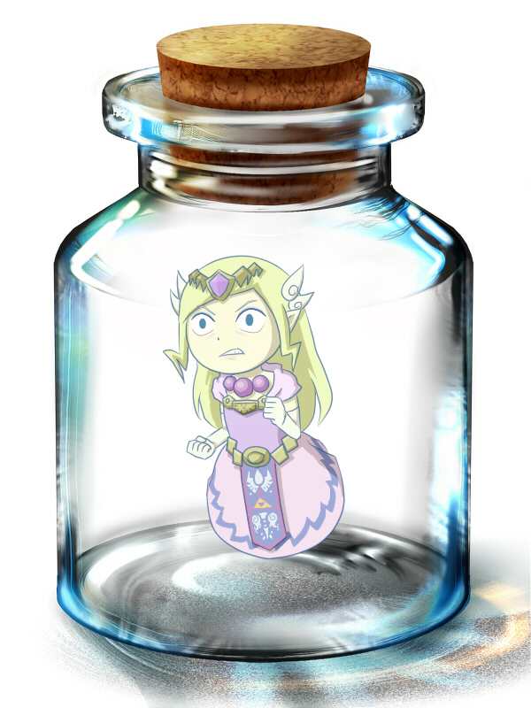 princess zelda, toon zelda, nintendo, the legend of zelda, the legend of zelda: spirit tracks, 1girl, angry, blonde hair, bottle, bottle meme (pixiv), cork, female focus, ghost, in bottle, in container, jar, long hair, solo