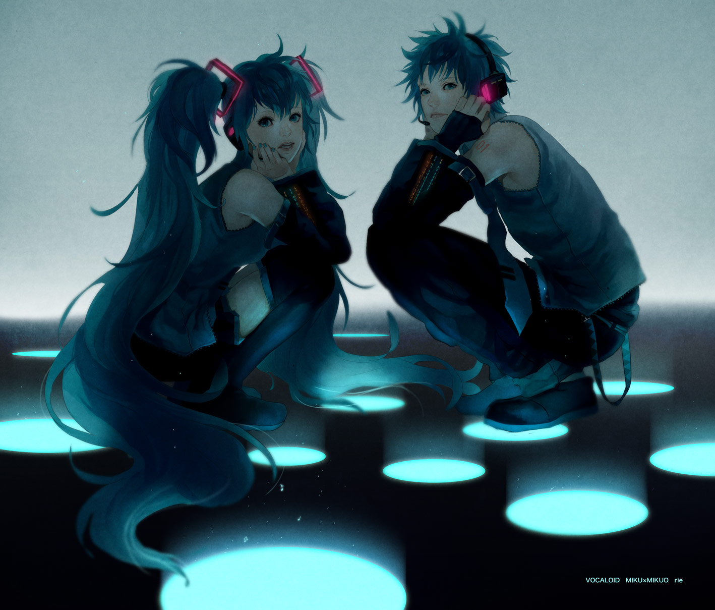 sumishuu, hatsune miku, hatsune mikuo, vocaloid, highres, 1boy, 1girl, aqua hair, detached sleeves, genderswap, genderswap (ftm), headphones, long hair, short hair, twintails, very long hair