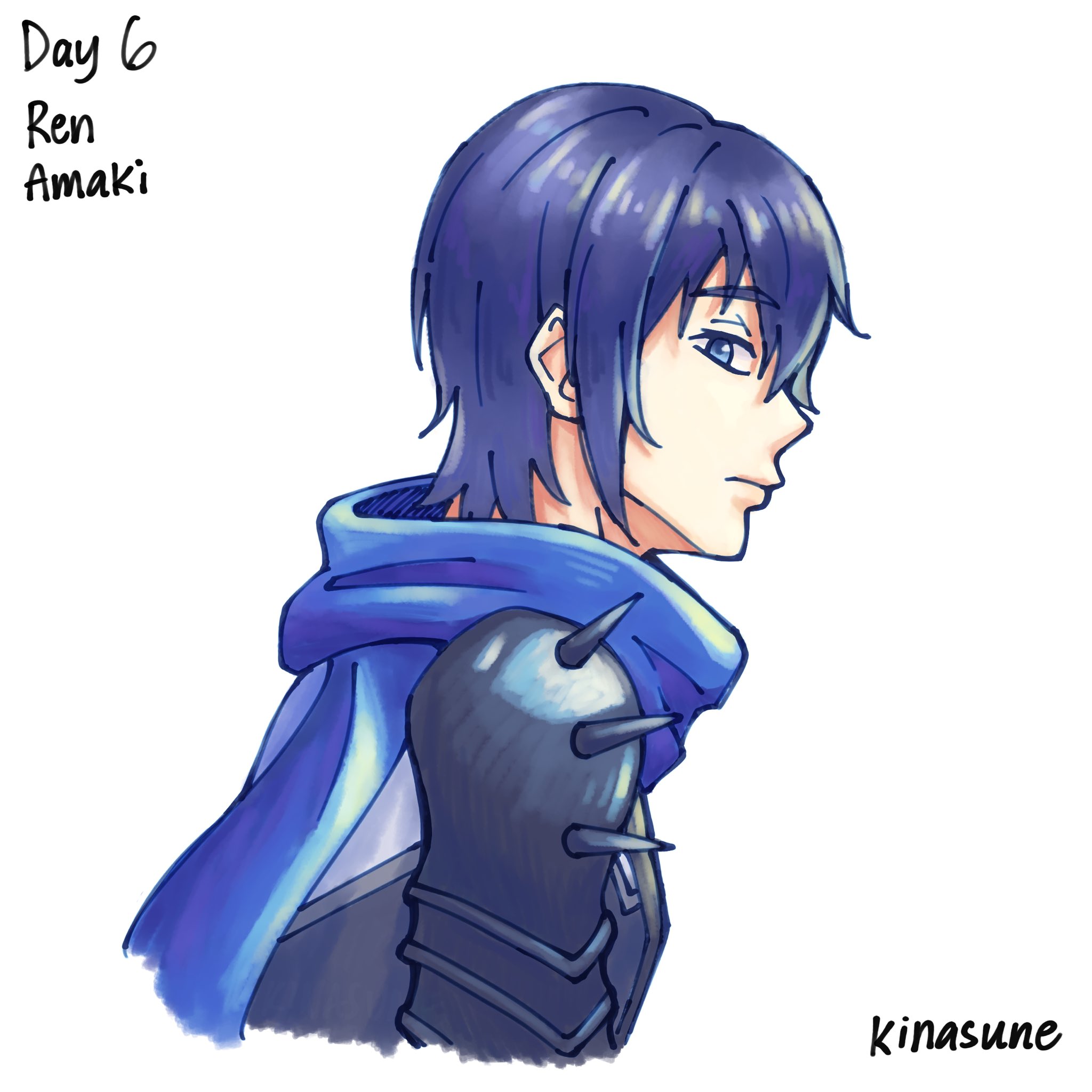 amaki ren, tate no yuusha no nariagari, commentary, english commentary, highres, 1boy, armor, artist name, black armor, black hair, blue eyes, blue hair, blue scarf, character name, english text, from side, hair between eyes, kinasune, looking at viewer, looking to the side, male focus, medium hair, pauldrons, profile, scarf, shoulder armor, sidelocks, signature, simple background, solo, spiked pauldrons, spikes, tunic, white background, white tunic