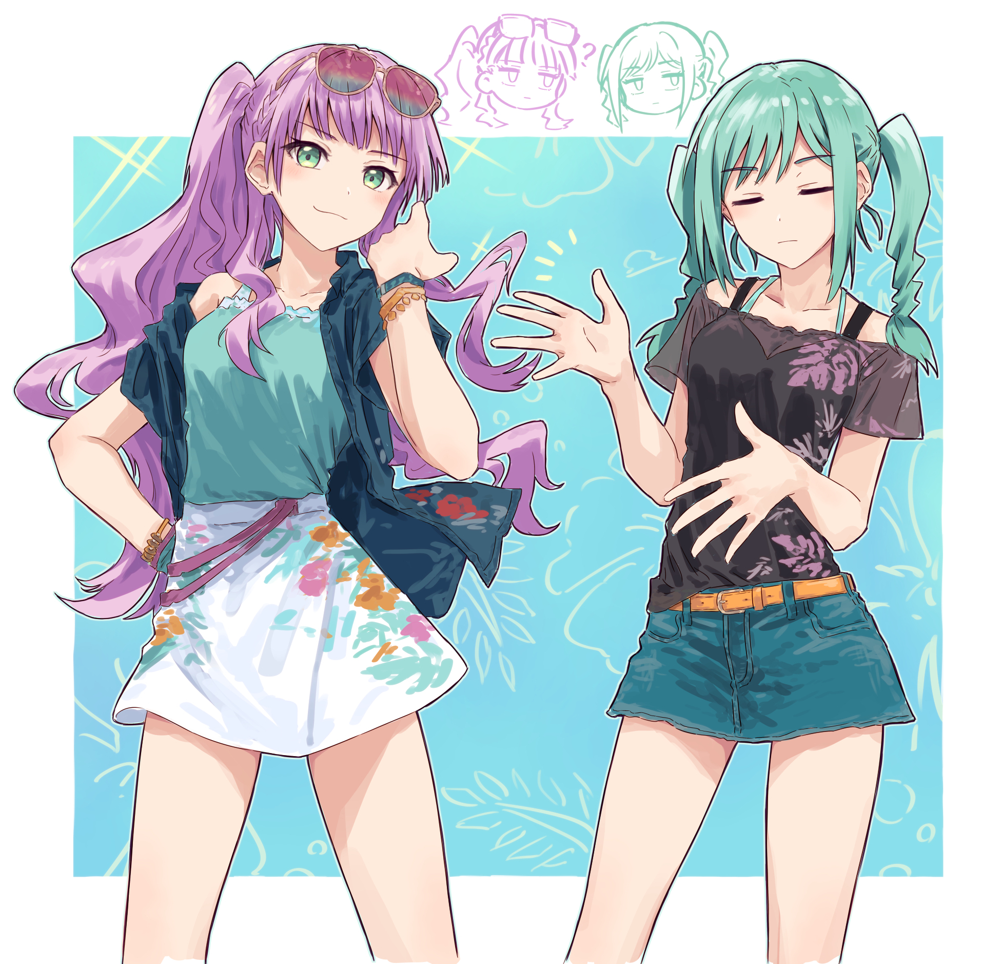 yukitake (bullfalk), onitsuka tomari, wien margarete, love live!, love live! superstar!!, commentary, highres, revision, 2girls, aqua hair, aqua tank top, bare shoulders, belt, black tank top, blue background, blue shirt, bracelet, braid, breasts, chibi, chibi inset, cleavage, closed eyes, closed mouth, collarbone, cowboy shot, denim, denim skirt, dress shirt, eyewear on head, fashion, floral print, glasses, green eyes, hand up, jewelry, jitome, leaf print, long hair, medium breasts, miniskirt, multicolor-tinted eyewear, multicolored skirt, multiple girls, notice lines, off-shoulder shirt, off shoulder, ponytail, purple hair, see-through cleavage, see-through clothes, shirt, short sleeves, side-by-side, sidelocks, single bare shoulder, skirt, smug, sparkle, standing, summer, tank top, tinted eyewear, twin braids, twintails, very long hair, wavy hair, white skirt