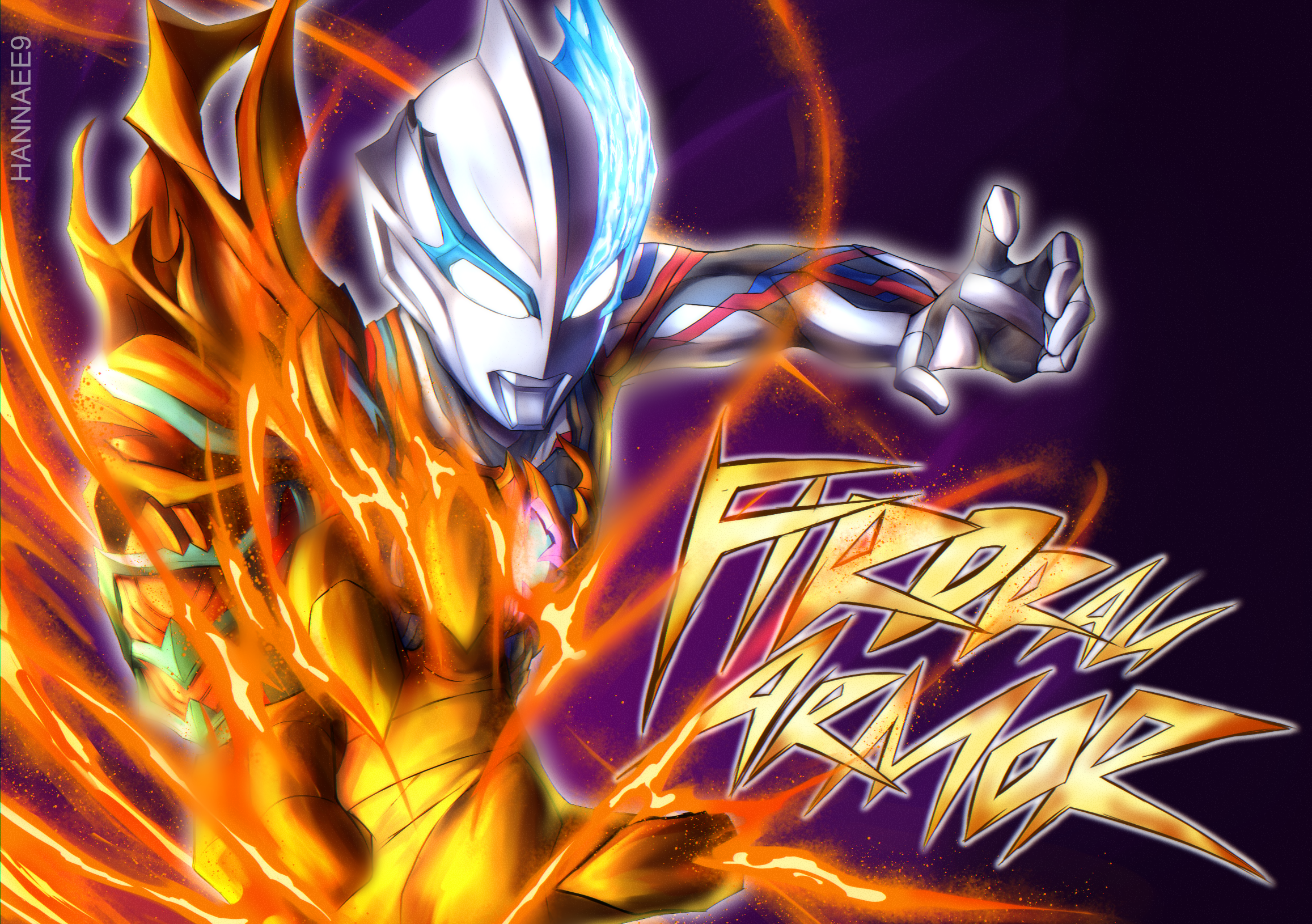 hannaee9, ultraman blazar, tokusatsu, ultra series, ultraman blazar (series), commentary, highres, 1boy, alien, arm up, armor, artist name, asymmetrical armor, asymmetrical horns, blue horns, blue skin, color timer, colored skin, compound eyes, curled fingers, dark background, dorsal fin, english text, firdran armor, fire, glowing, glowing eyes, glowing horns, gradient background, horns, light particles, looking ahead, male focus, multicolored skin, no pupils, orange armor, pectorals, purple background, pyrokinesis, reaching, reaching towards viewer, red skin, silver skin, solo, toned, toned male, upper body, white eyes